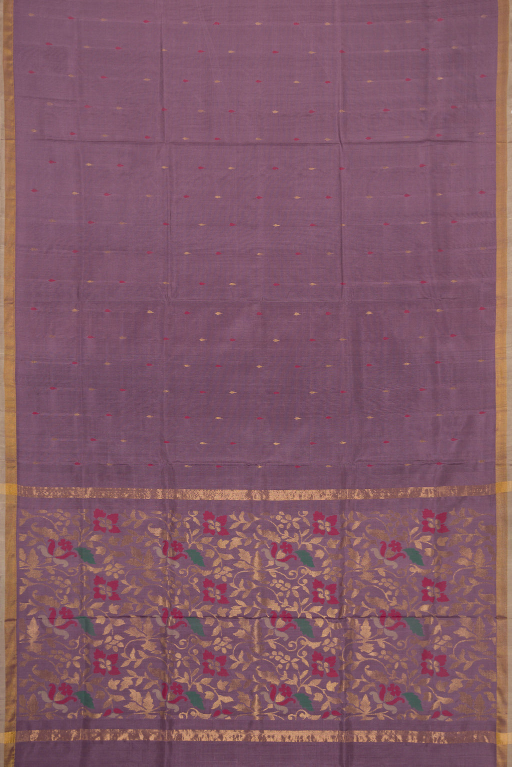Flat view of Purple Dual Tone Uppada Silk Saree with Zari And Thread Butta on the body and Zari Border. 