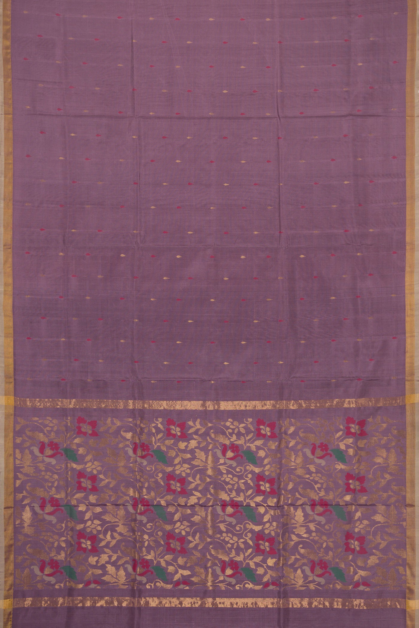 Flat view of Purple Dual Tone Uppada Silk Saree with Zari And Thread Butta on the body and Zari Border. 