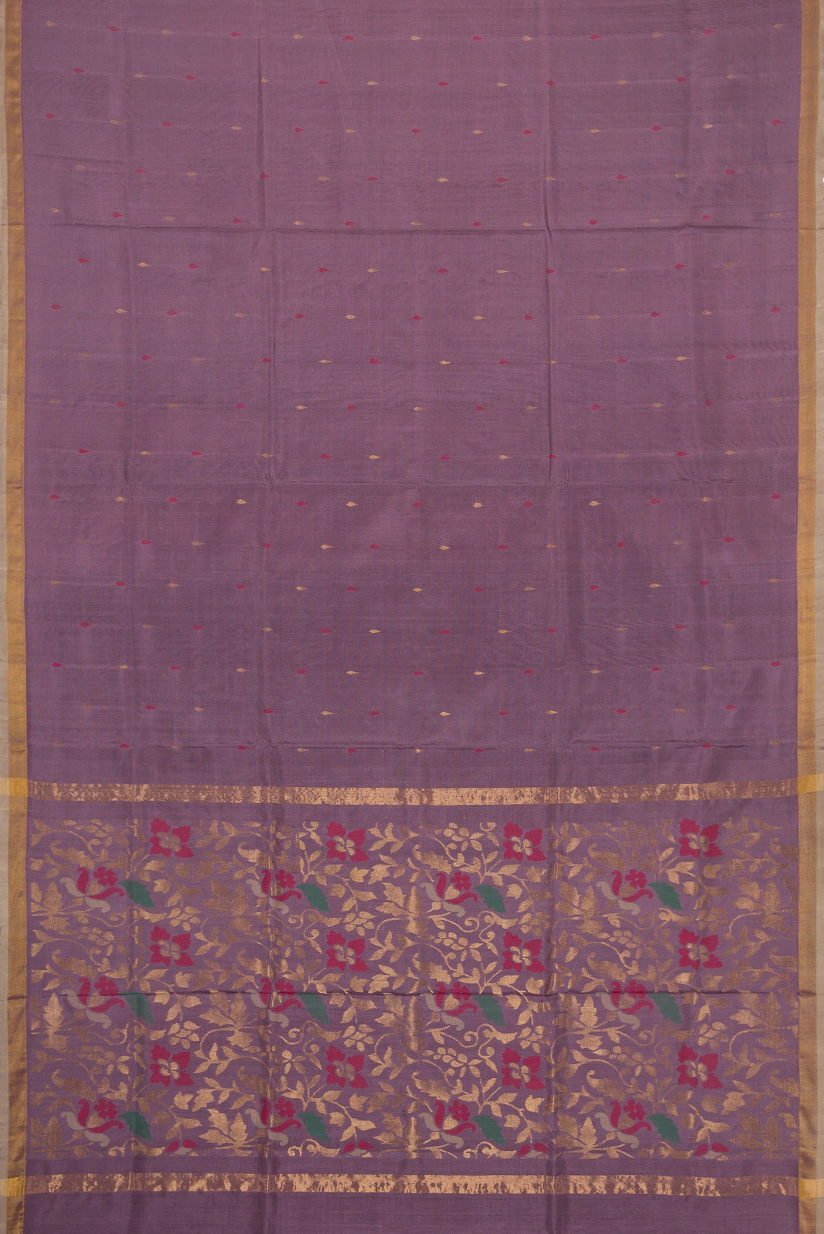 Flat view of Purple Dual Tone Uppada Silk Saree with Zari And Thread Butta on the body and Zari Border. 
