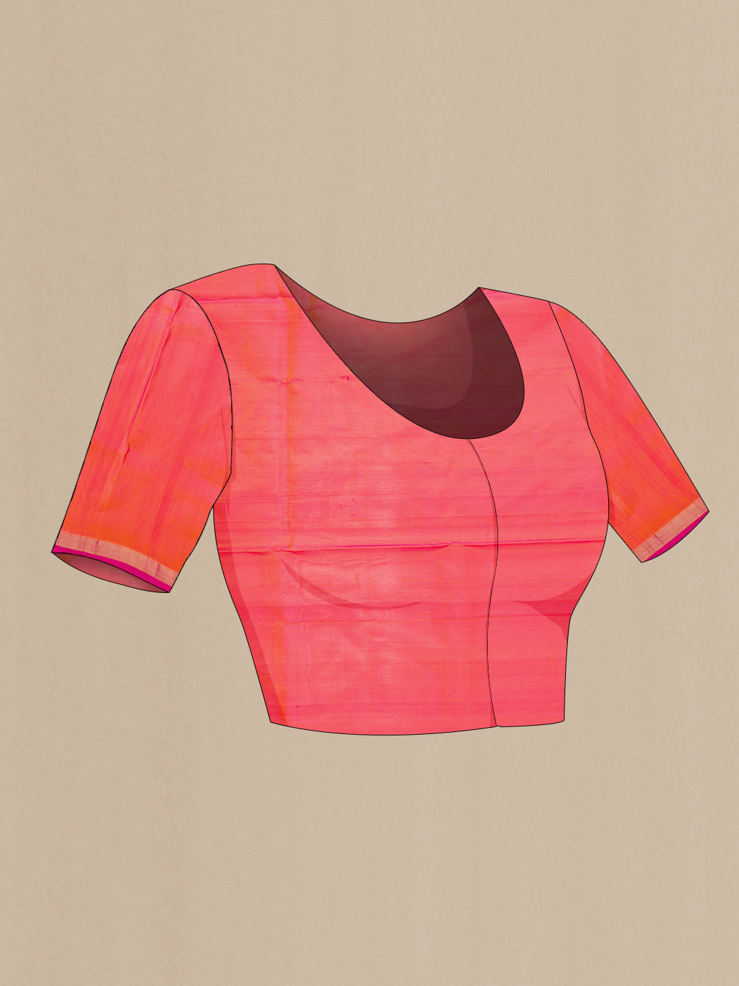 Close up image of the blouse of Coral Dual Tone Uppada Silk Saree with Zari And Thread Butta on the body and Zari Border. 