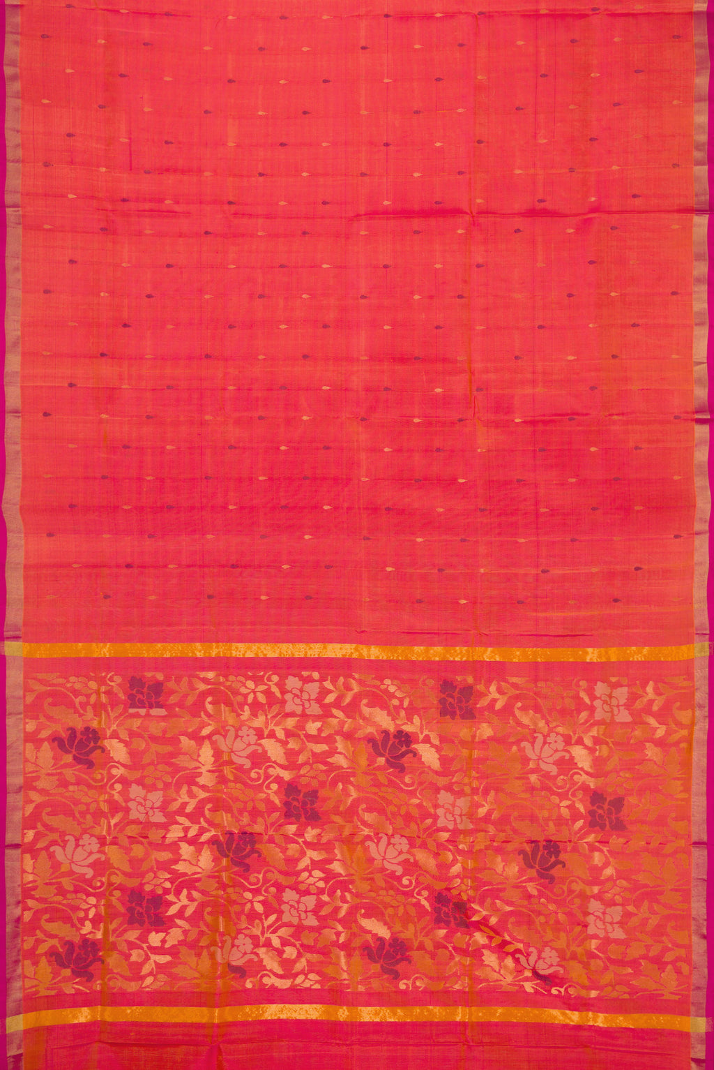 Flat view of Coral Dual Tone Uppada Silk Saree with Zari And Thread Butta on the body and Zari Border. 