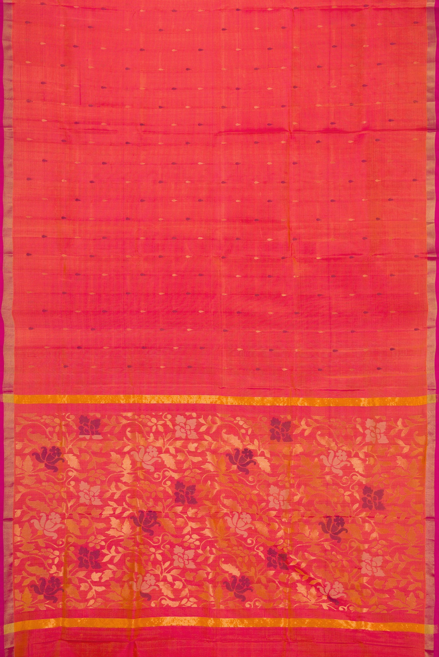 Flat view of Coral Dual Tone Uppada Silk Saree with Zari And Thread Butta on the body and Zari Border. 