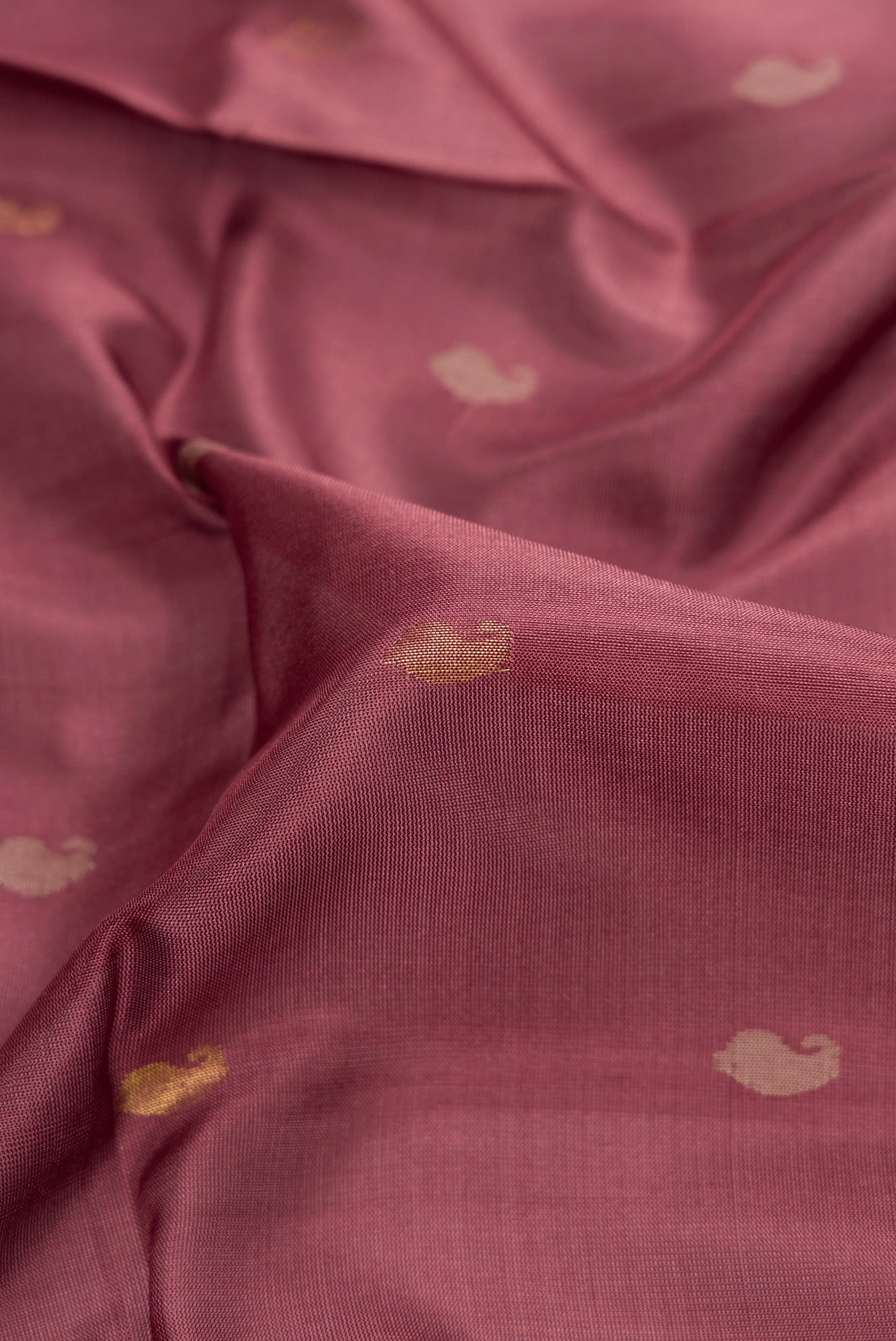 Close up of Brown Dual Tone Uppada Silk Saree with Zari Butta on the body and Zari Border.  displaying folds