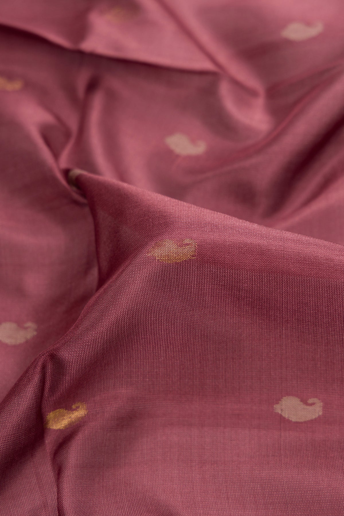 Close up of Brown Dual Tone Uppada Silk Saree with Zari Butta on the body and Zari Border.  displaying folds