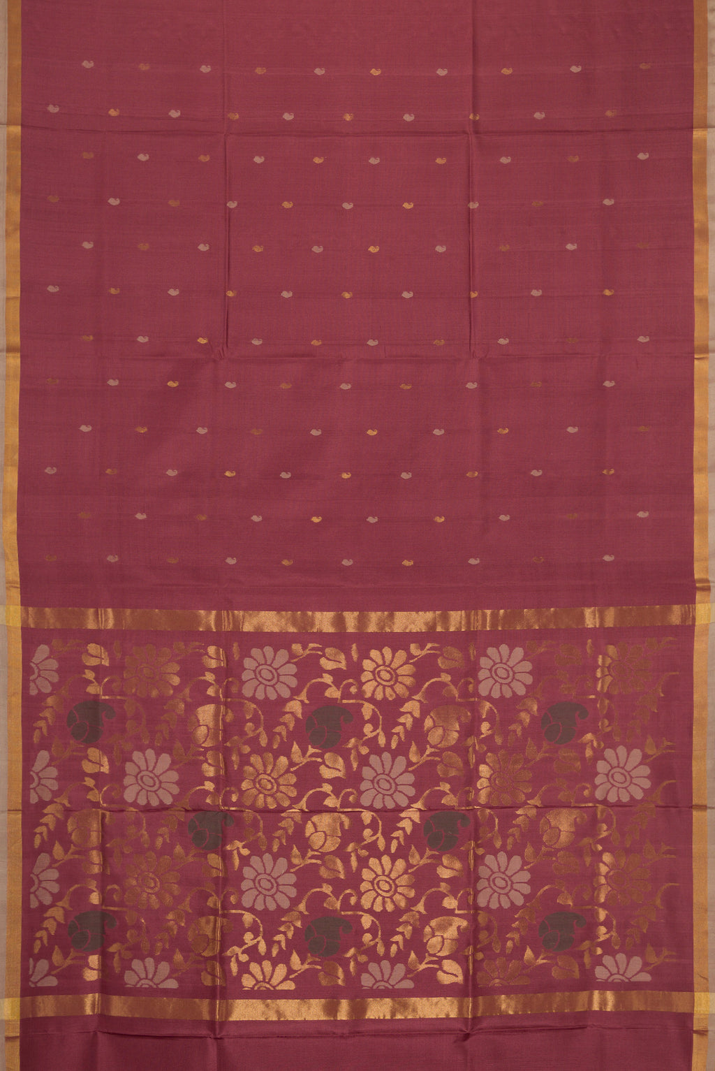 Flat view of Brown Dual Tone Uppada Silk Saree with Zari Butta on the body and Zari Border. 