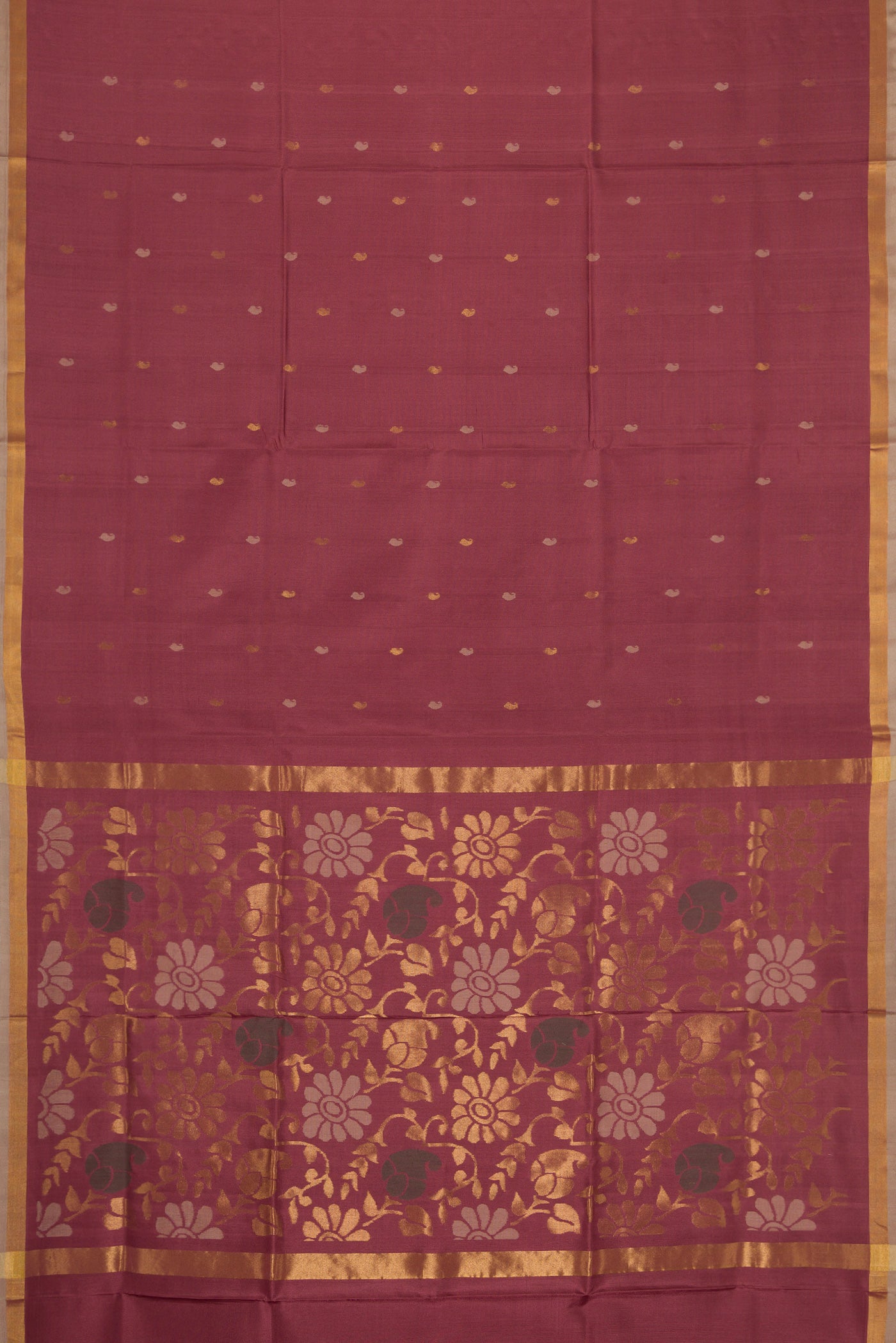 Flat view of Brown Dual Tone Uppada Silk Saree with Zari Butta on the body and Zari Border. 