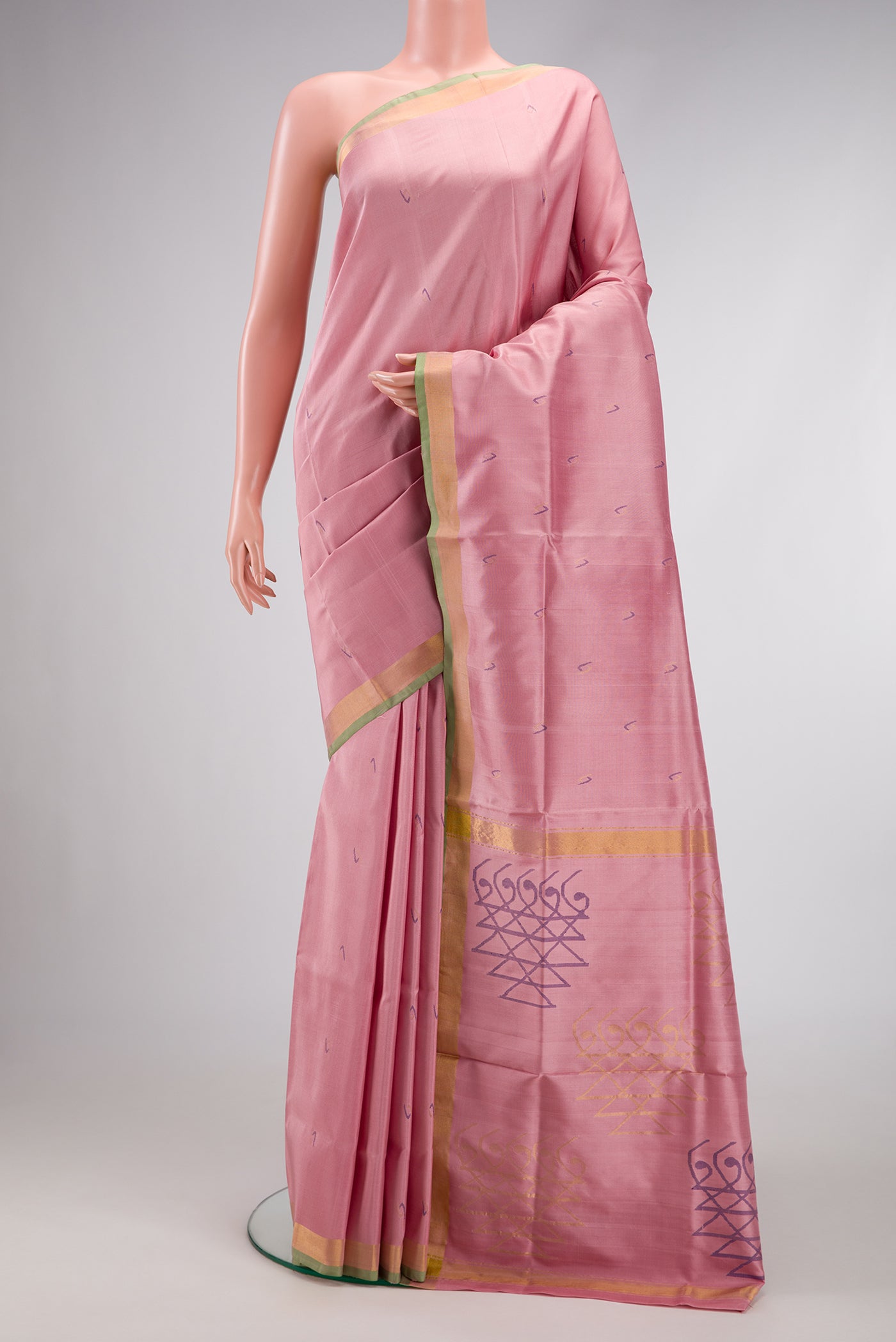 Pink Dual Tone Uppada Silk Saree with Zari And Thread Butta on the body and Zari Border.  displayed on a mannequin