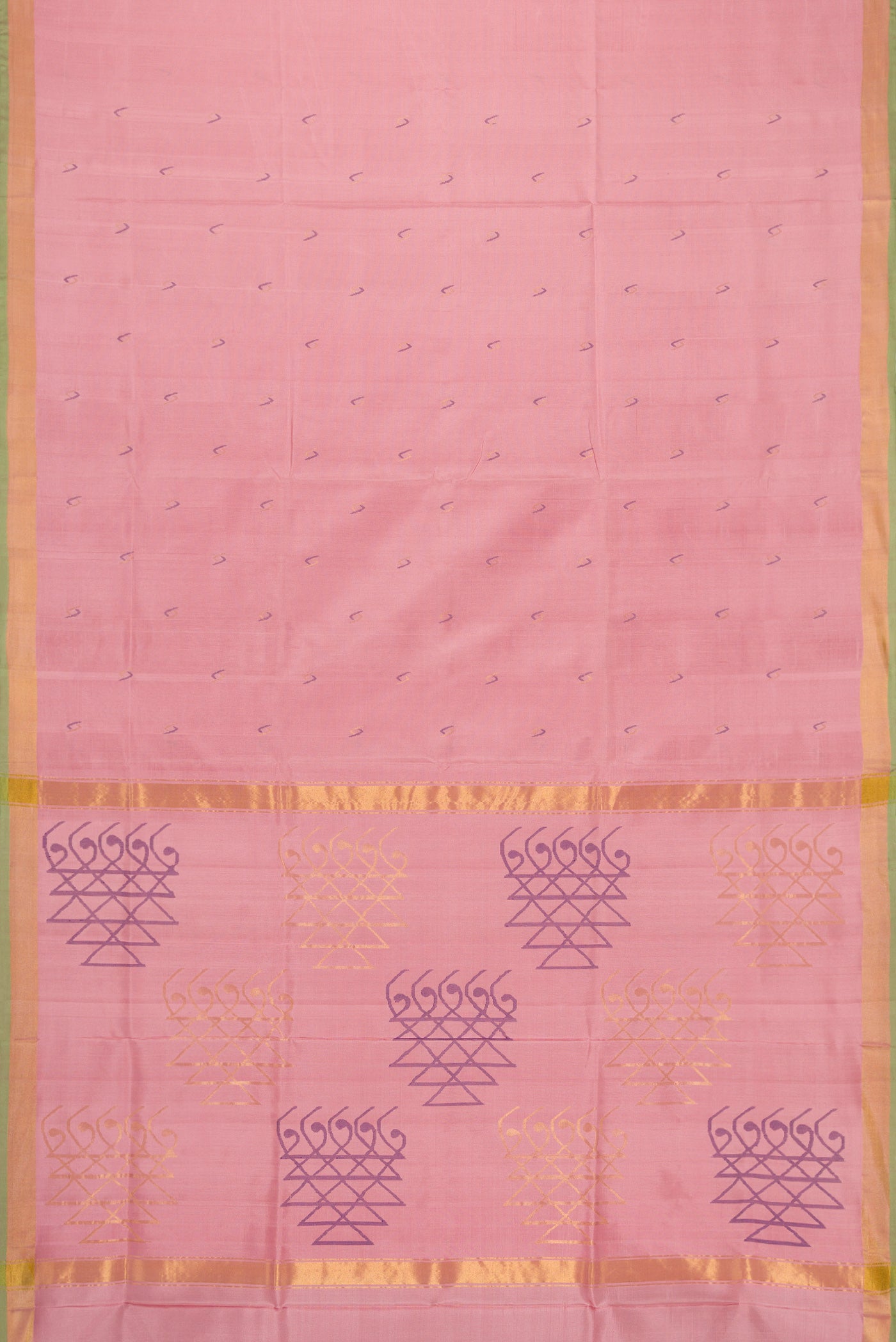 Flat view of Pink Dual Tone Uppada Silk Saree with Zari And Thread Butta on the body and Zari Border. 