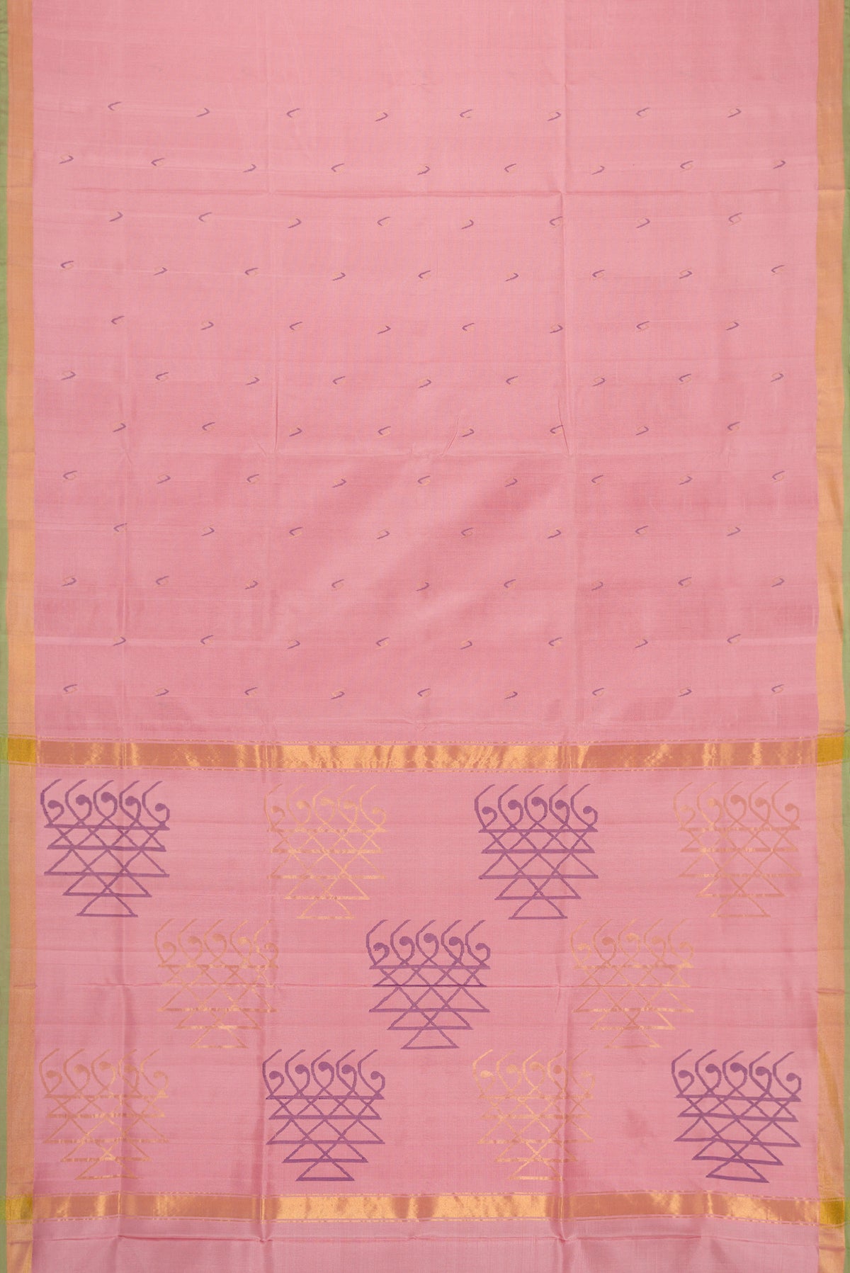 Flat view of Pink Dual Tone Uppada Silk Saree with Zari And Thread Butta on the body and Zari Border. 