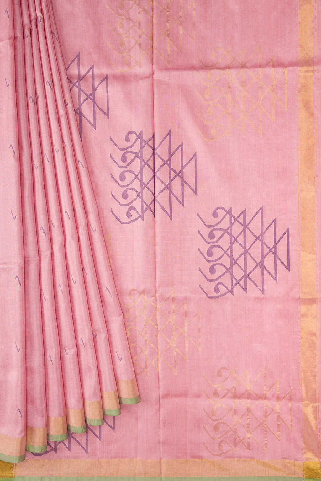 Pleats and pallu of Pink Dual Tone Uppada Silk Saree with Zari And Thread Butta on the body and Zari Border. 