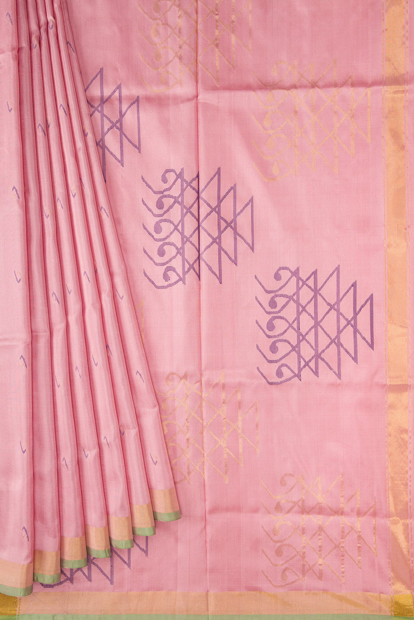 Pleats and pallu of Pink Dual Tone Uppada Silk Saree with Zari And Thread Butta on the body and Zari Border. 
