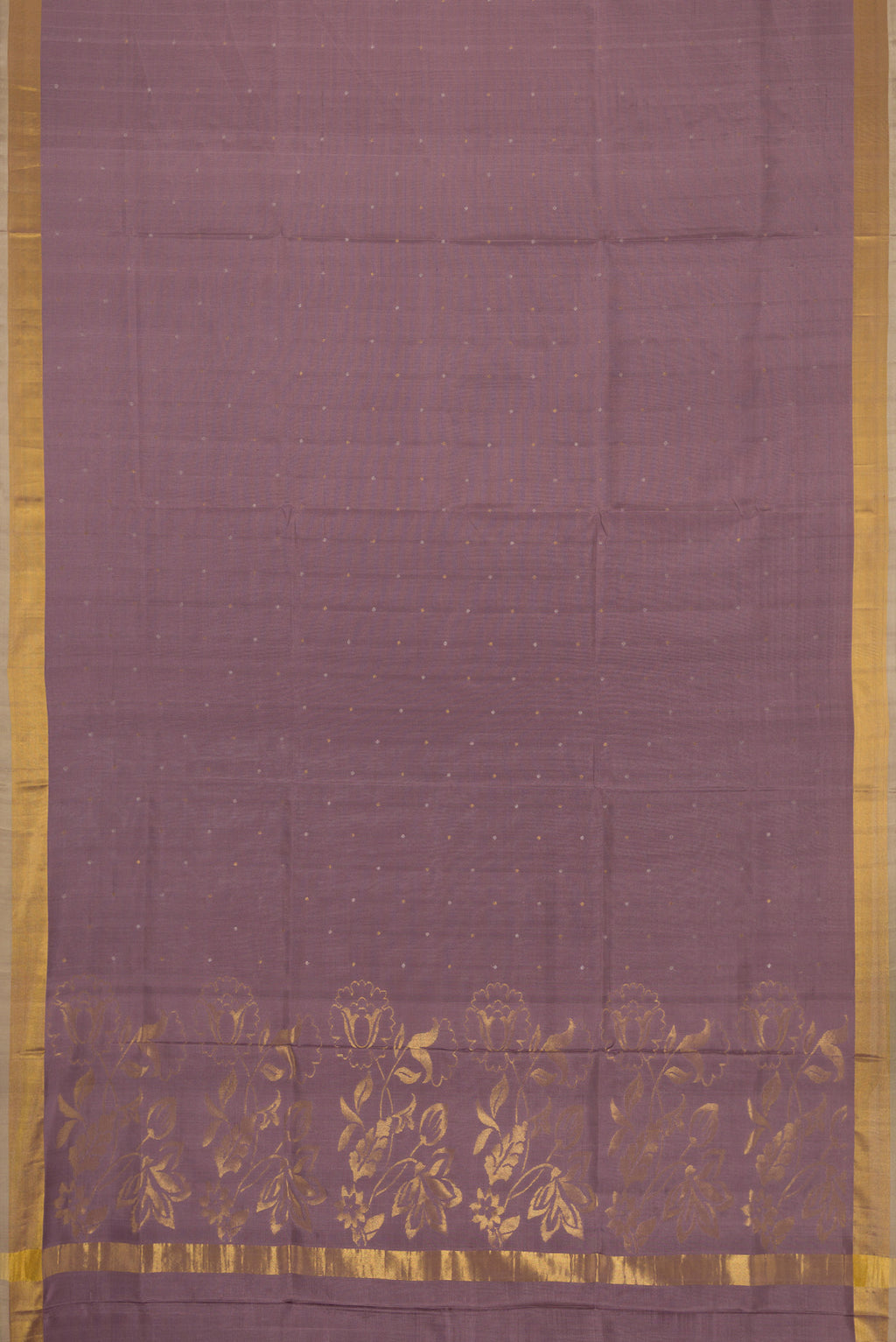 Flat view of Lavender Dual Tone Uppada Silk Saree with Zari Butta on the body and Zari Border. 