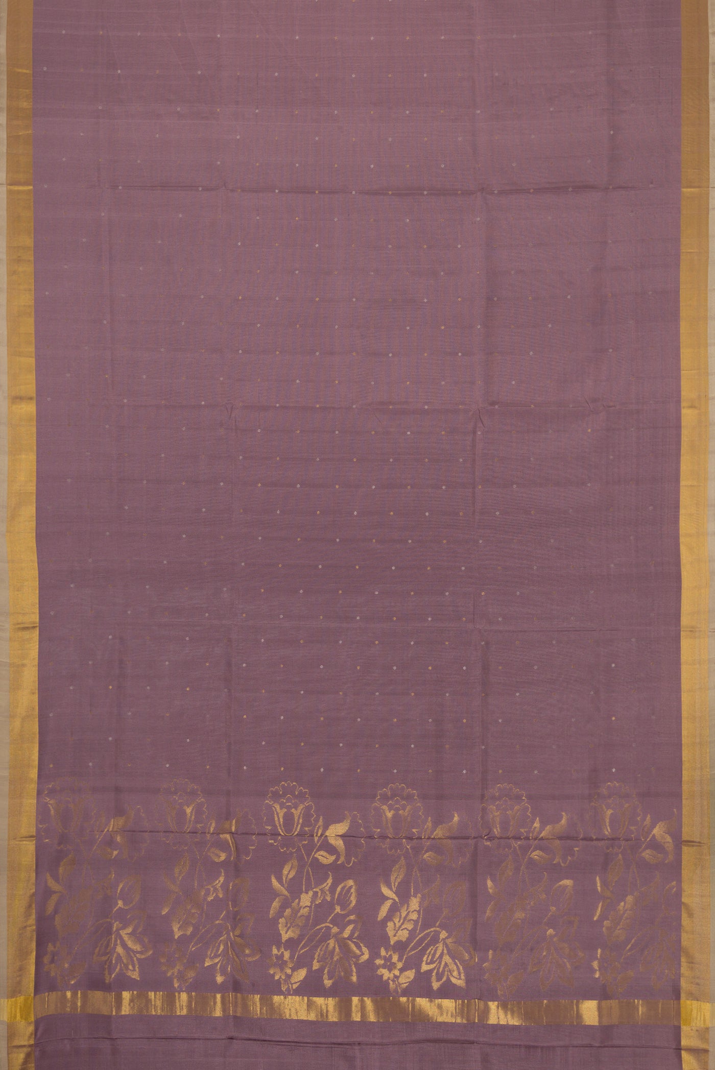 Flat view of Lavender Dual Tone Uppada Silk Saree with Zari Butta on the body and Zari Border. 