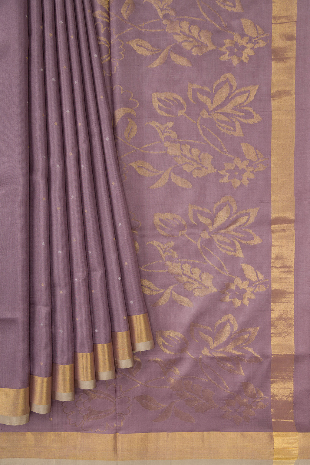 Pleats and pallu of Lavender Dual Tone Uppada Silk Saree with Zari Butta on the body and Zari Border. 