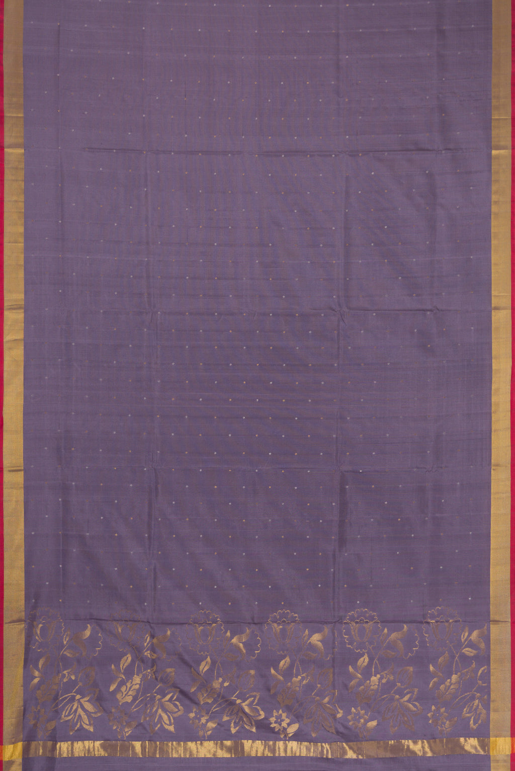 Flat view of Grey Dual Tone Uppada Silk Saree with Zari Butta on the body and Zari Border. 
