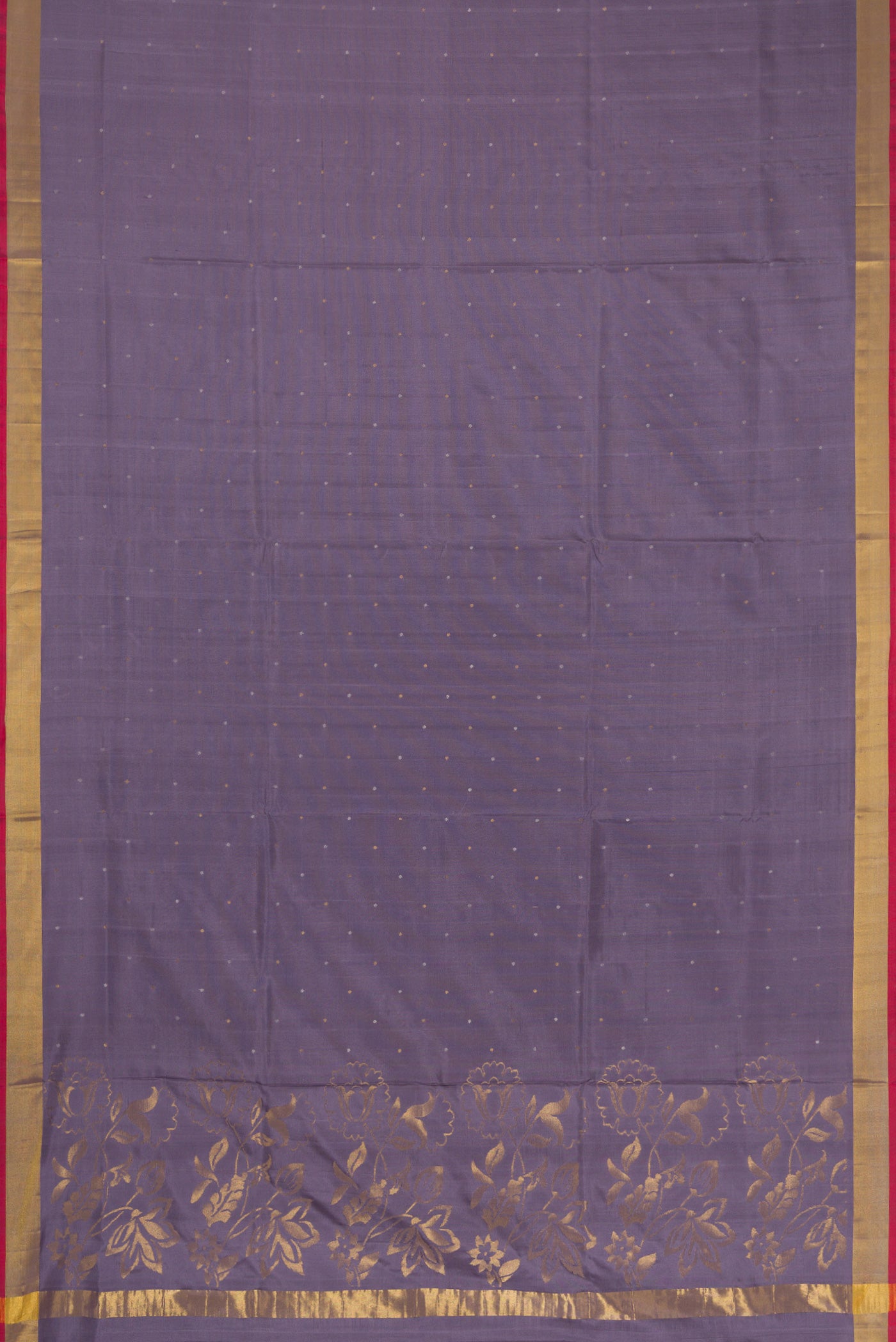Flat view of Grey Dual Tone Uppada Silk Saree with Zari Butta on the body and Zari Border. 