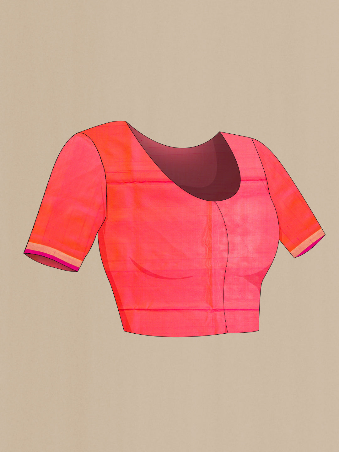 Close up image of the blouse of Coral Dual Tone Uppada Silk Saree with Zari Butta on the body and Zari Border. 
