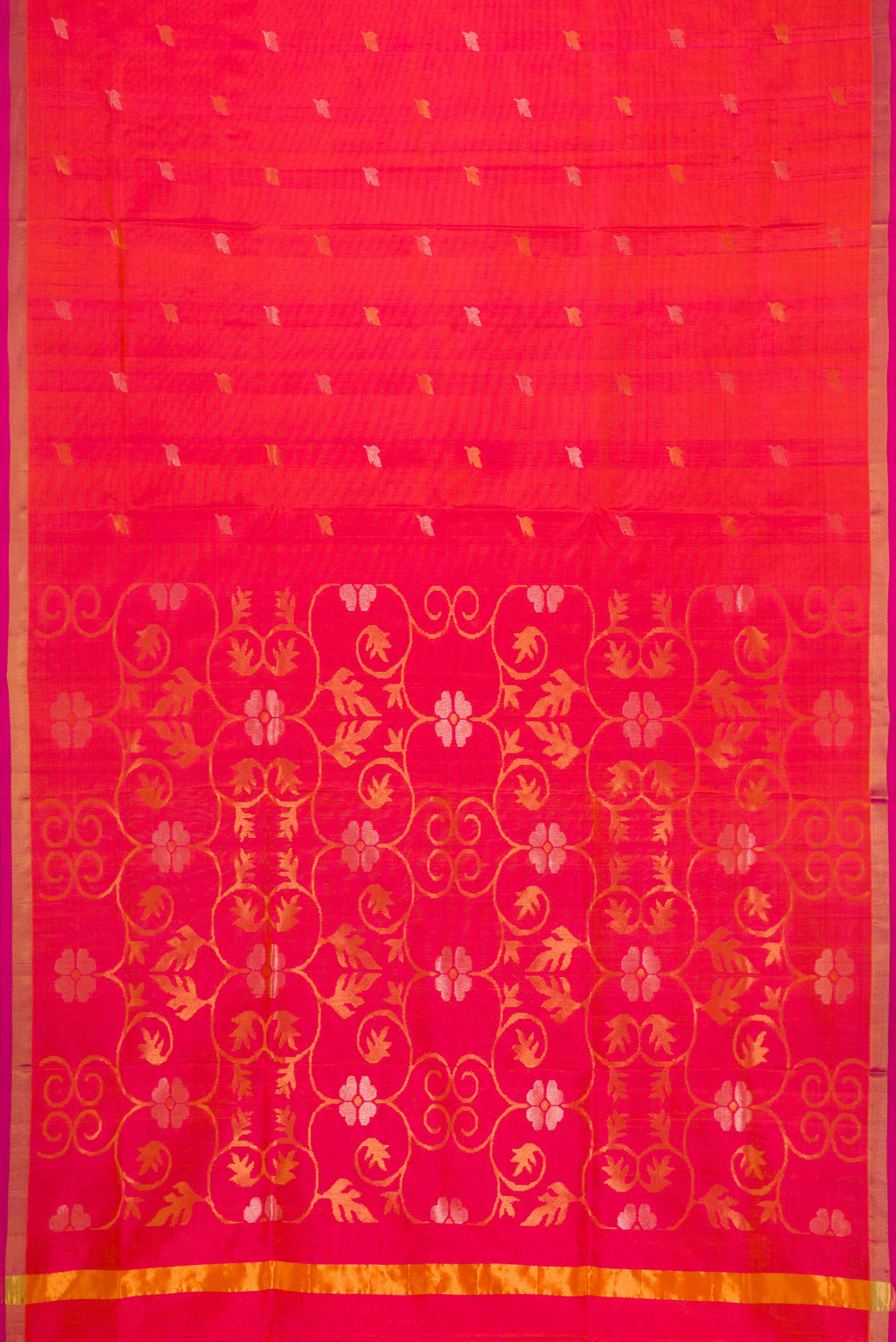 Flat view of Coral Dual Tone Uppada Silk Saree with Zari Butta on the body and Zari Border. 
