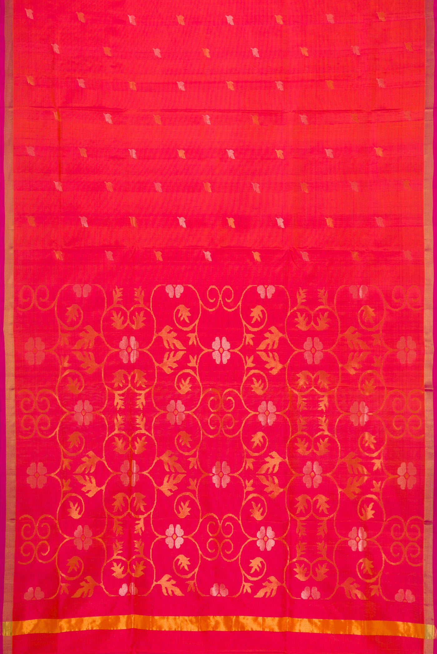 Flat view of Coral Dual Tone Uppada Silk Saree with Zari Butta on the body and Zari Border. 