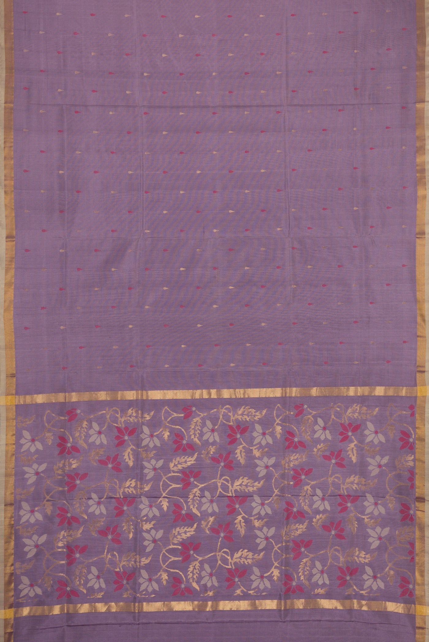 Flat view of Purple Dual Tone Uppada Silk Saree with Zari And Thread Butta on the body and Zari Border. 