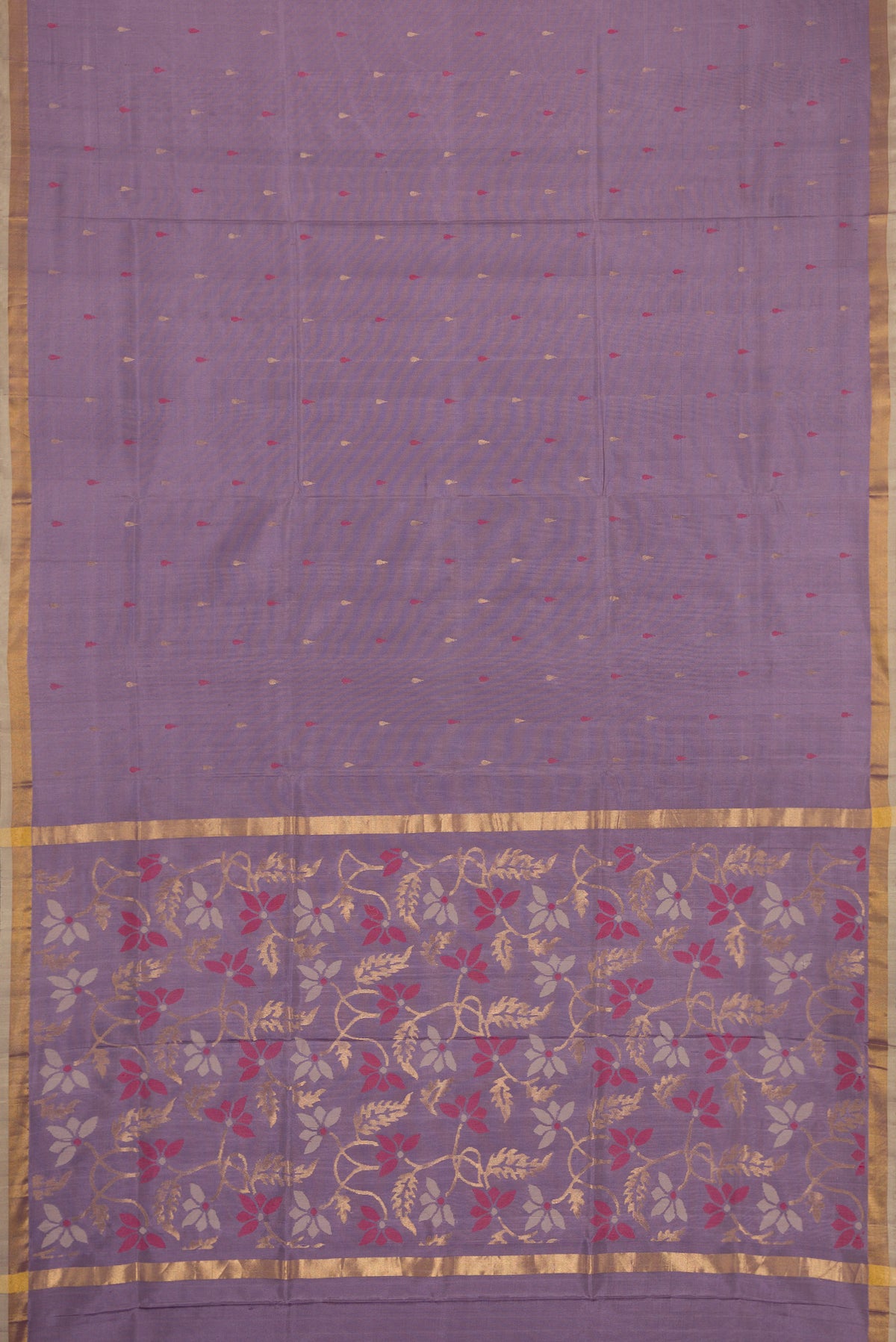 Flat view of Purple Dual Tone Uppada Silk Saree with Zari And Thread Butta on the body and Zari Border. 