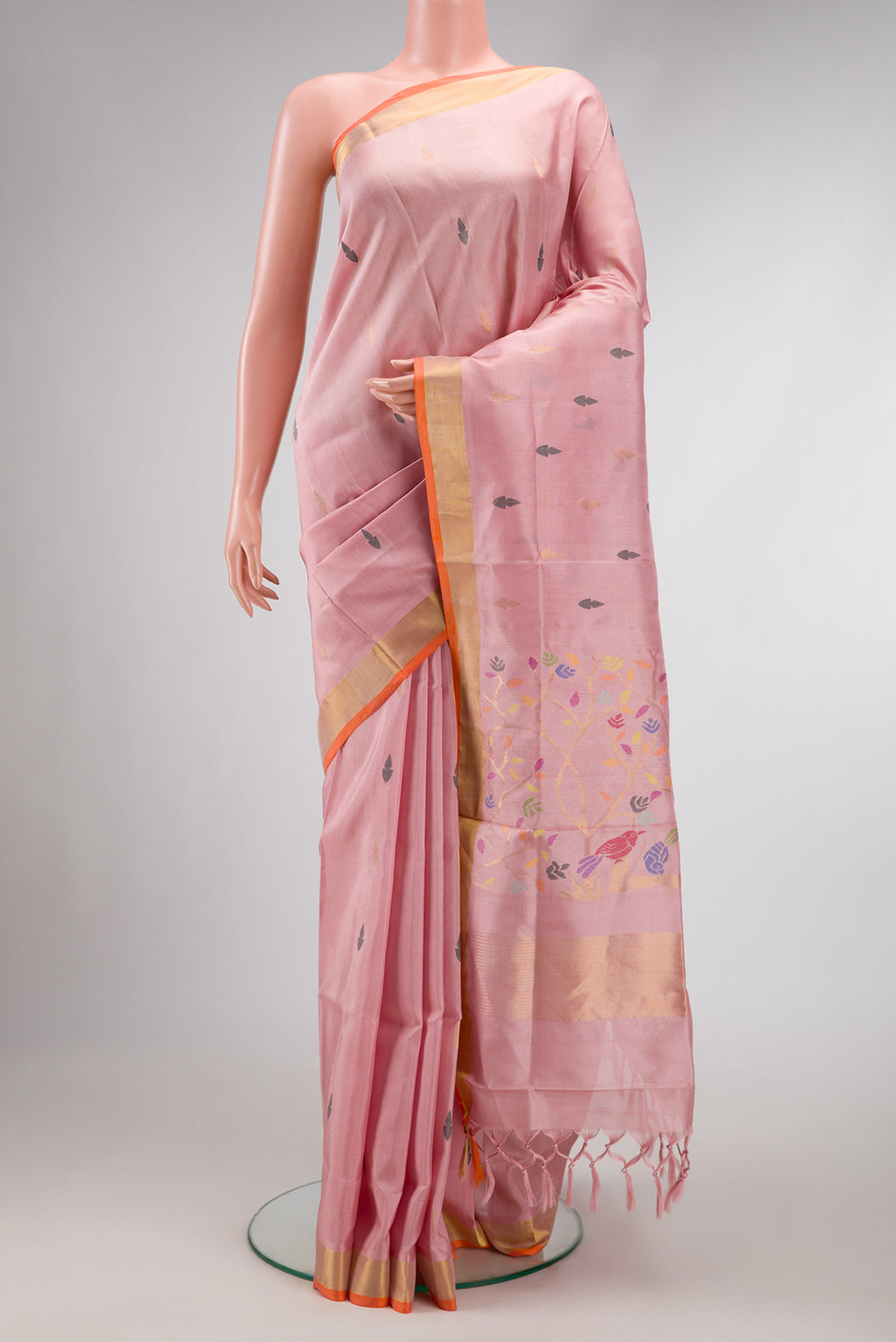 Pink Dual Tone Uppada Silk Saree with Zari And Thread Butta on the body and Zari Border.  displayed on a mannequin