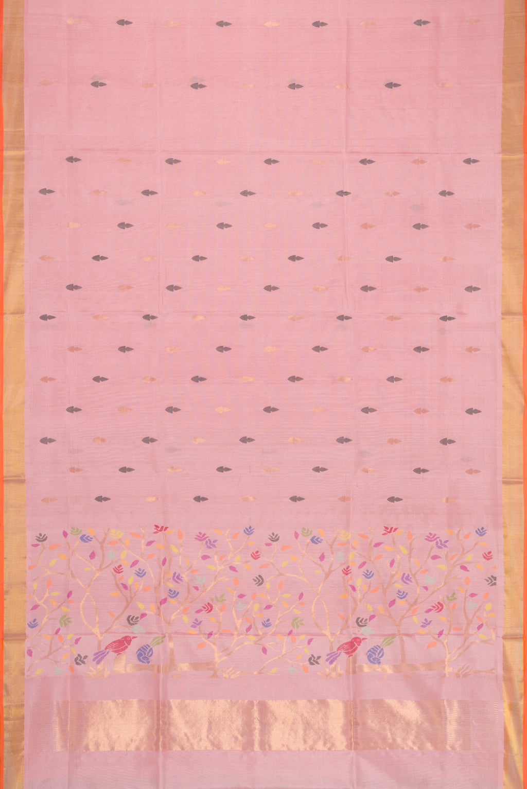 Flat view of Pink Dual Tone Uppada Silk Saree with Zari And Thread Butta on the body and Zari Border. 