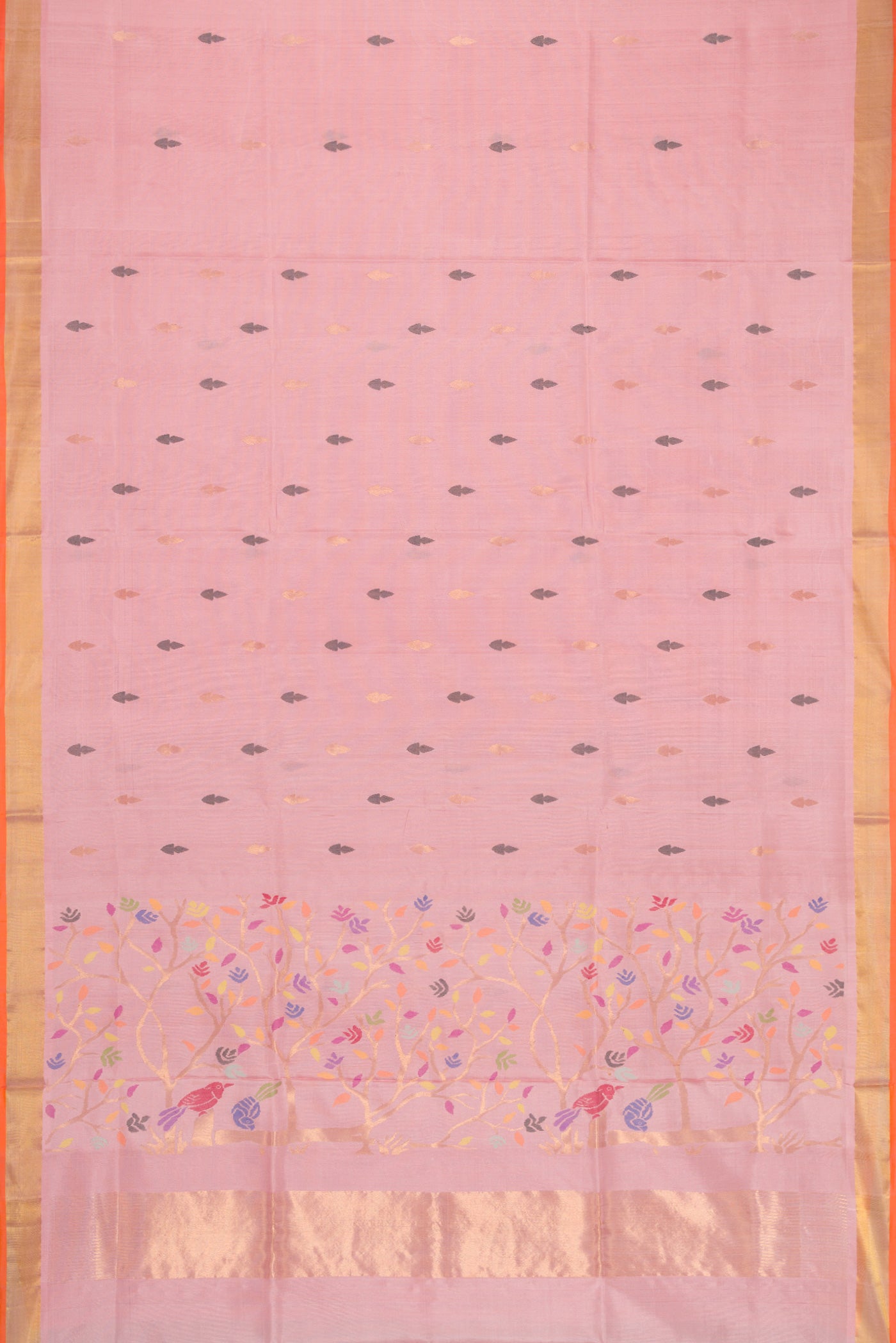 Flat view of Pink Dual Tone Uppada Silk Saree with Zari And Thread Butta on the body and Zari Border. 