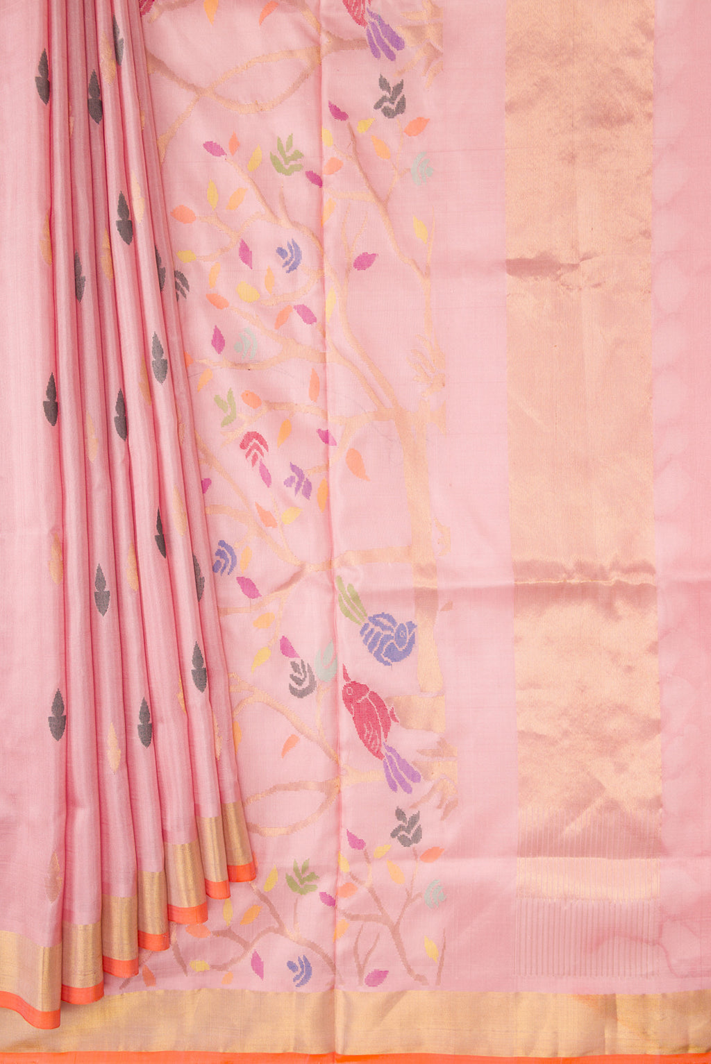 Pleats and pallu of Pink Dual Tone Uppada Silk Saree with Zari And Thread Butta on the body and Zari Border. 