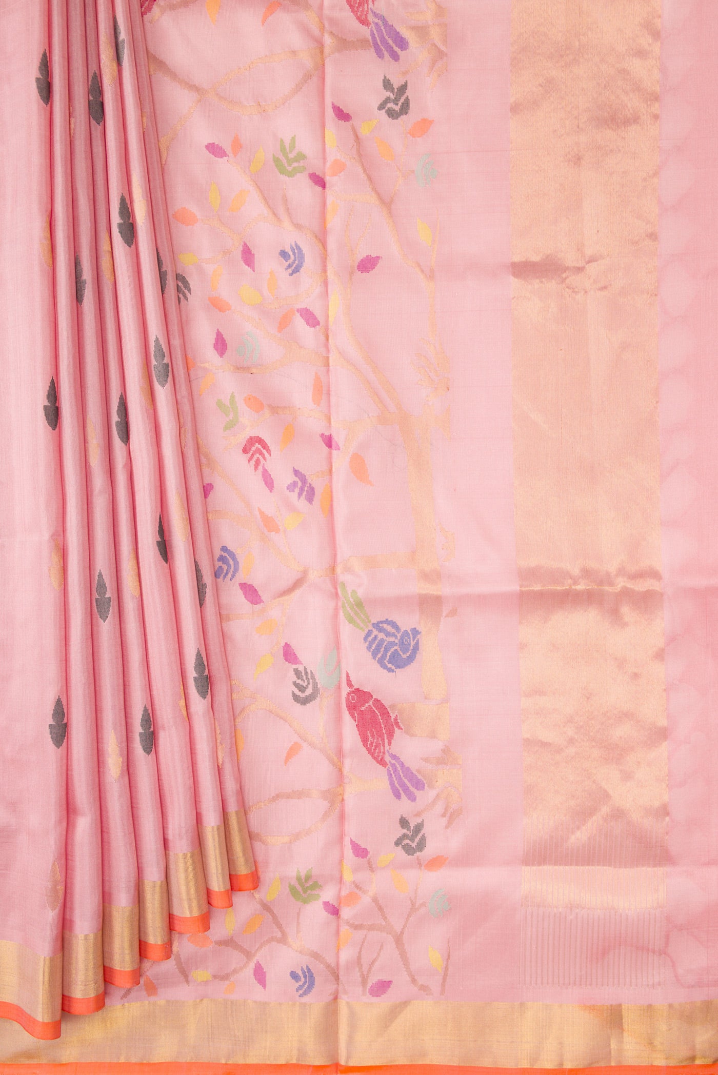 Pleats and pallu of Pink Dual Tone Uppada Silk Saree with Zari And Thread Butta on the body and Zari Border. 