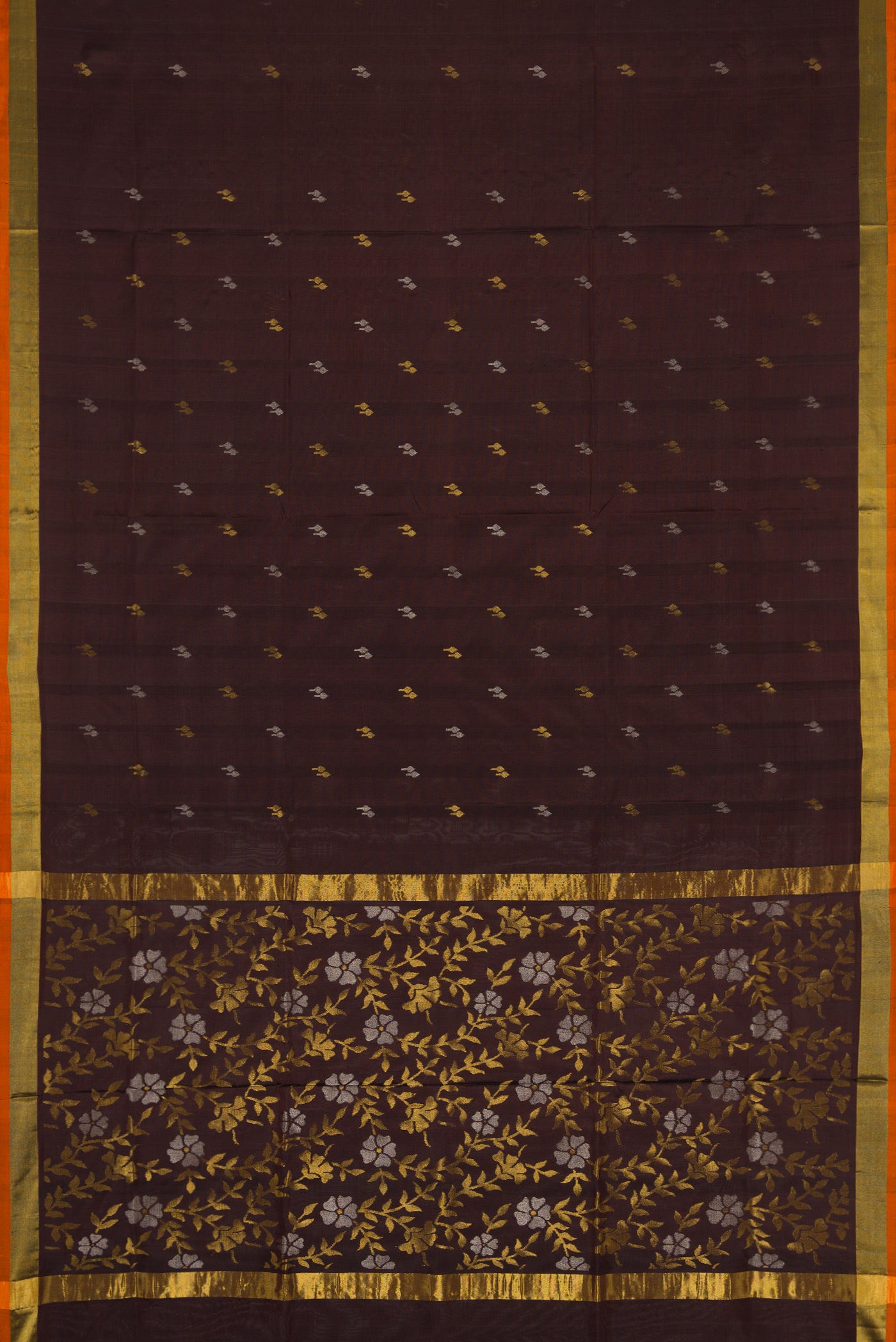 Flat view of Coffee Brown Dual Tone Uppada Silk Saree with Zari Butta on the body and Zari Border. 