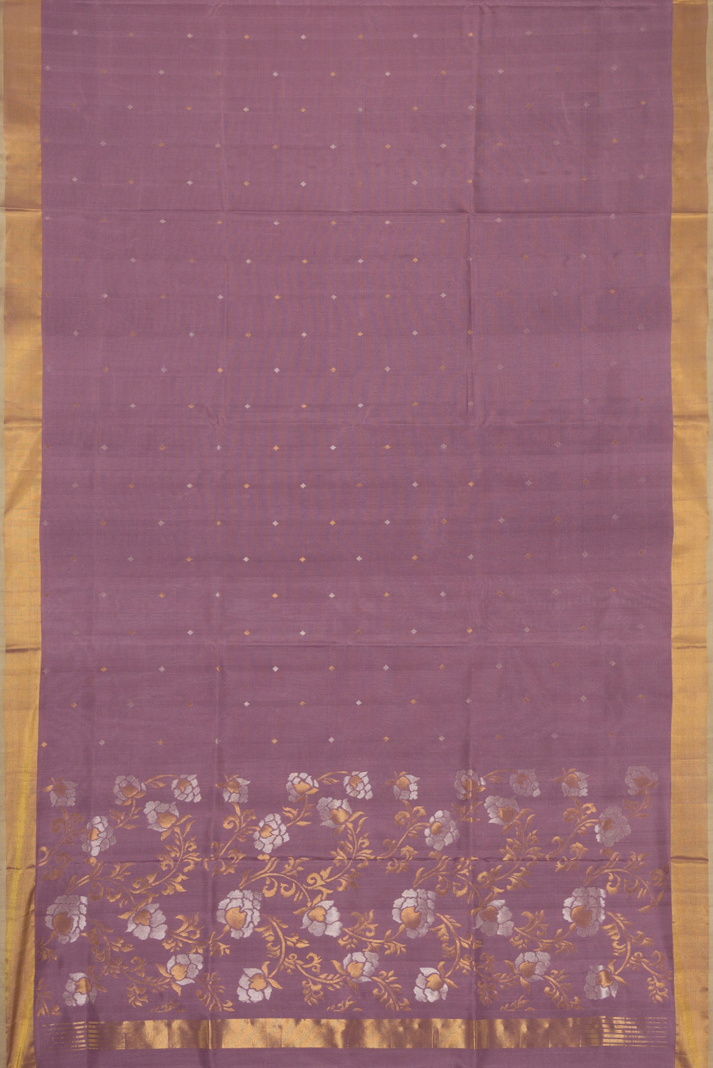 Flat view of Brown Dual Tone Uppada Silk Saree with Zari Butta on the body and Zari Border. 