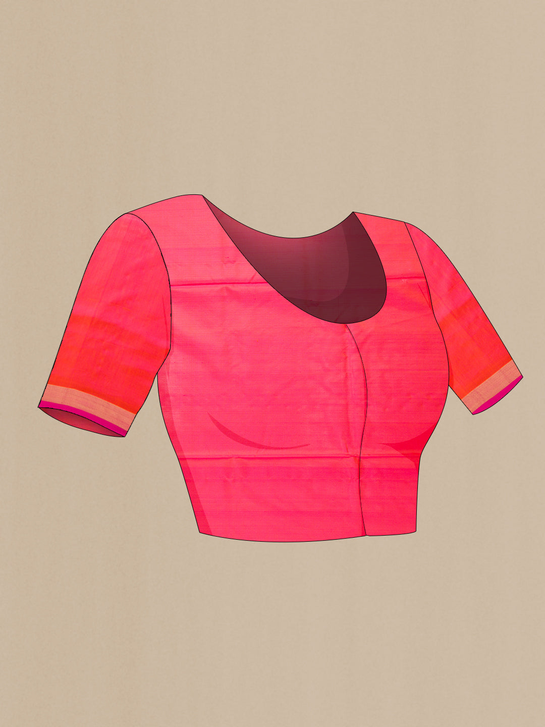 Close up image of the blouse of Coral Dual Tone Uppada Silk Saree with Zari Butta on the body and Zari Border. 