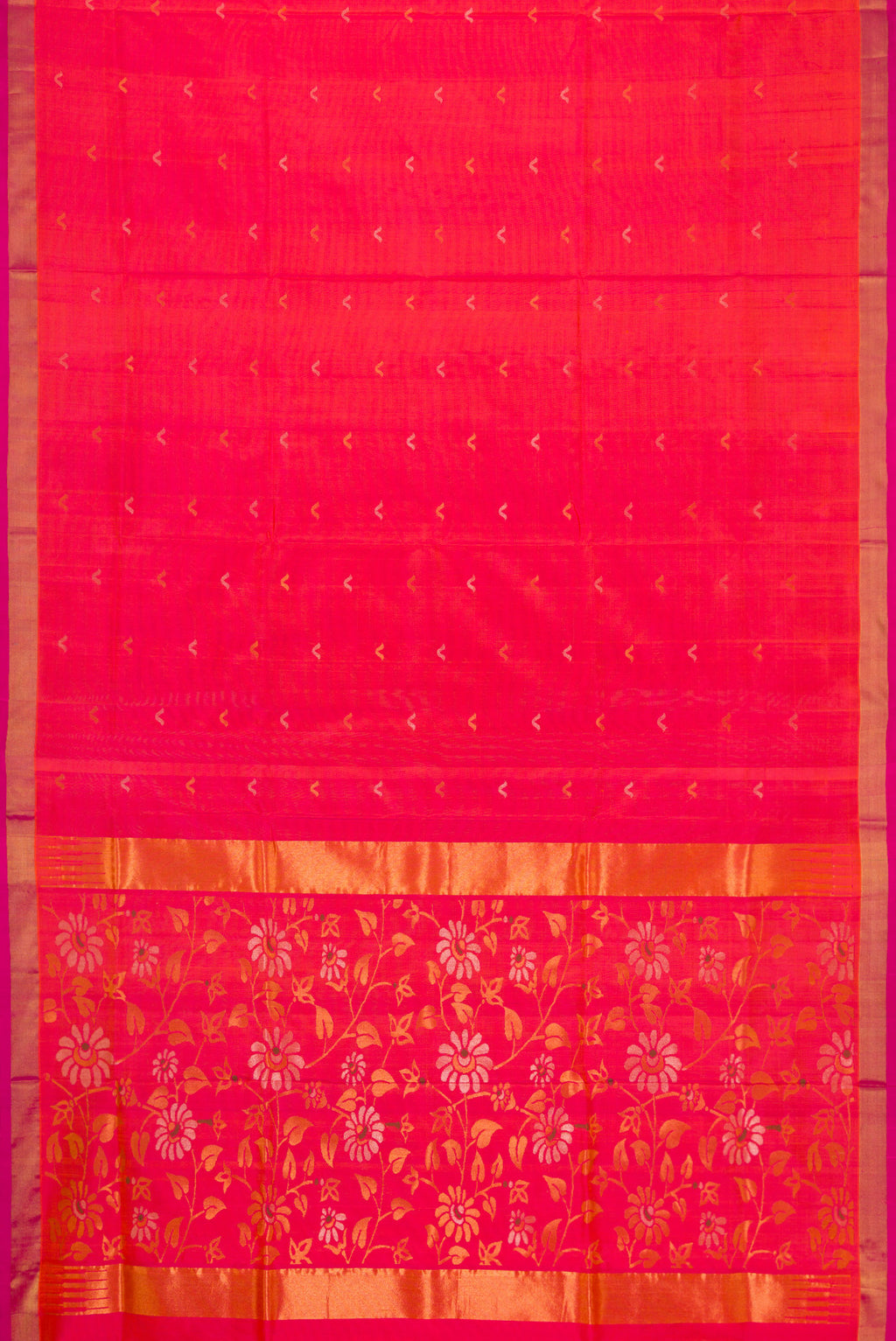 Flat view of Coral Dual Tone Uppada Silk Saree with Zari Butta on the body and Zari Border. 