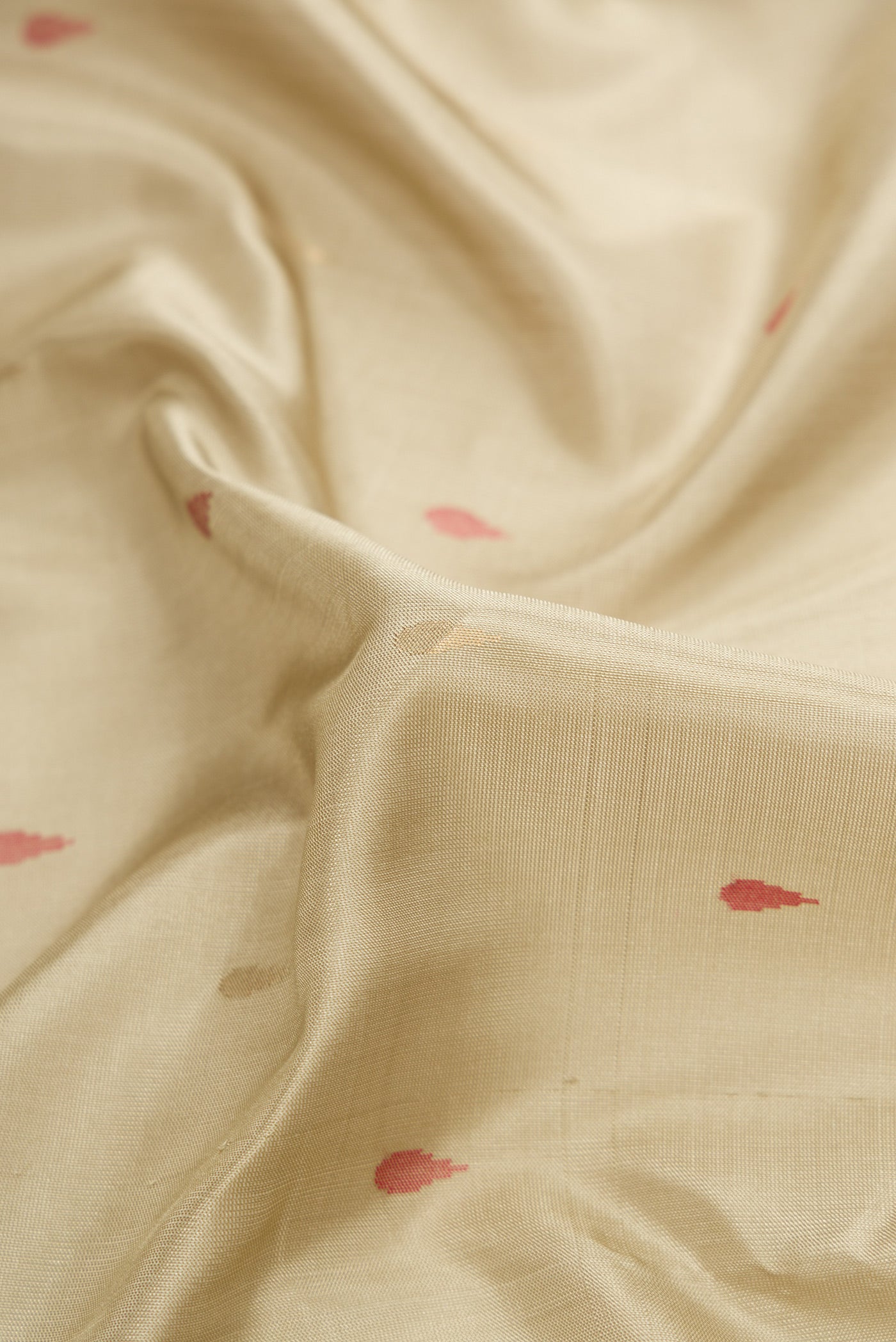 Close up of Beige Dual Tone Uppada Silk Saree with Zari And Thread Butta on the body and Temple Border.  displaying folds