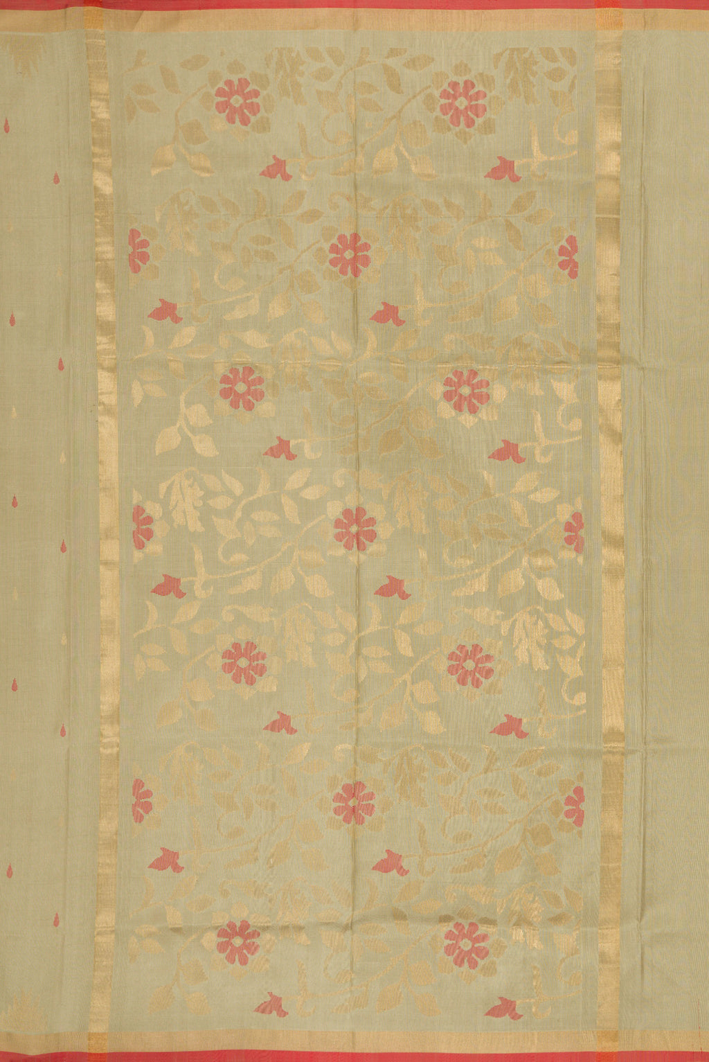Close up image of the pallu of Beige Dual Tone Uppada Silk Saree with Zari And Thread Butta on the body and Temple Border. 