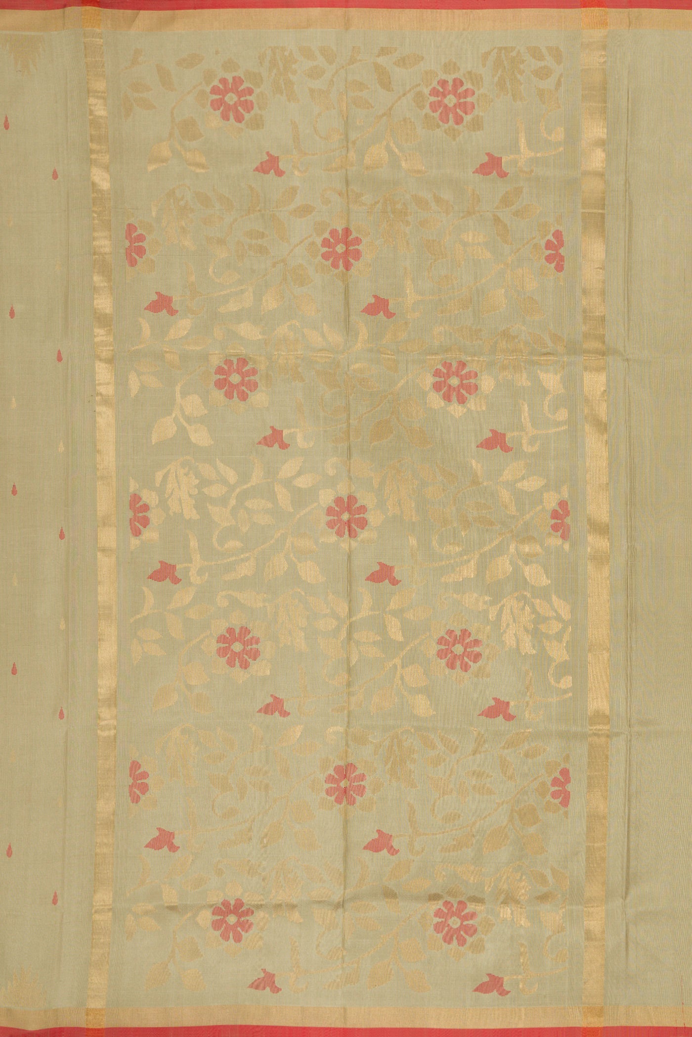Close up image of the pallu of Beige Dual Tone Uppada Silk Saree with Zari And Thread Butta on the body and Temple Border. 