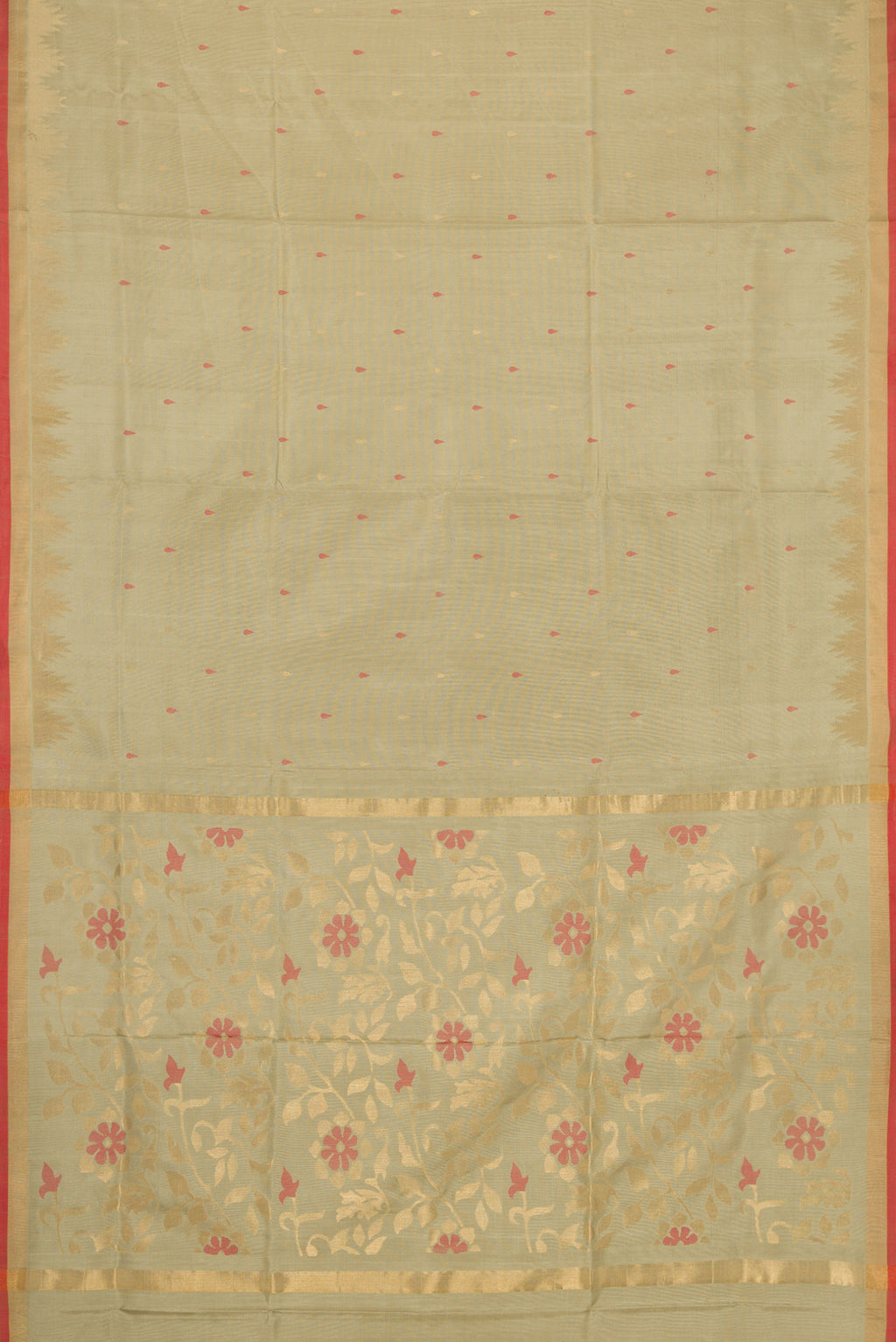 Flat view of Beige Dual Tone Uppada Silk Saree with Zari And Thread Butta on the body and Temple Border. 