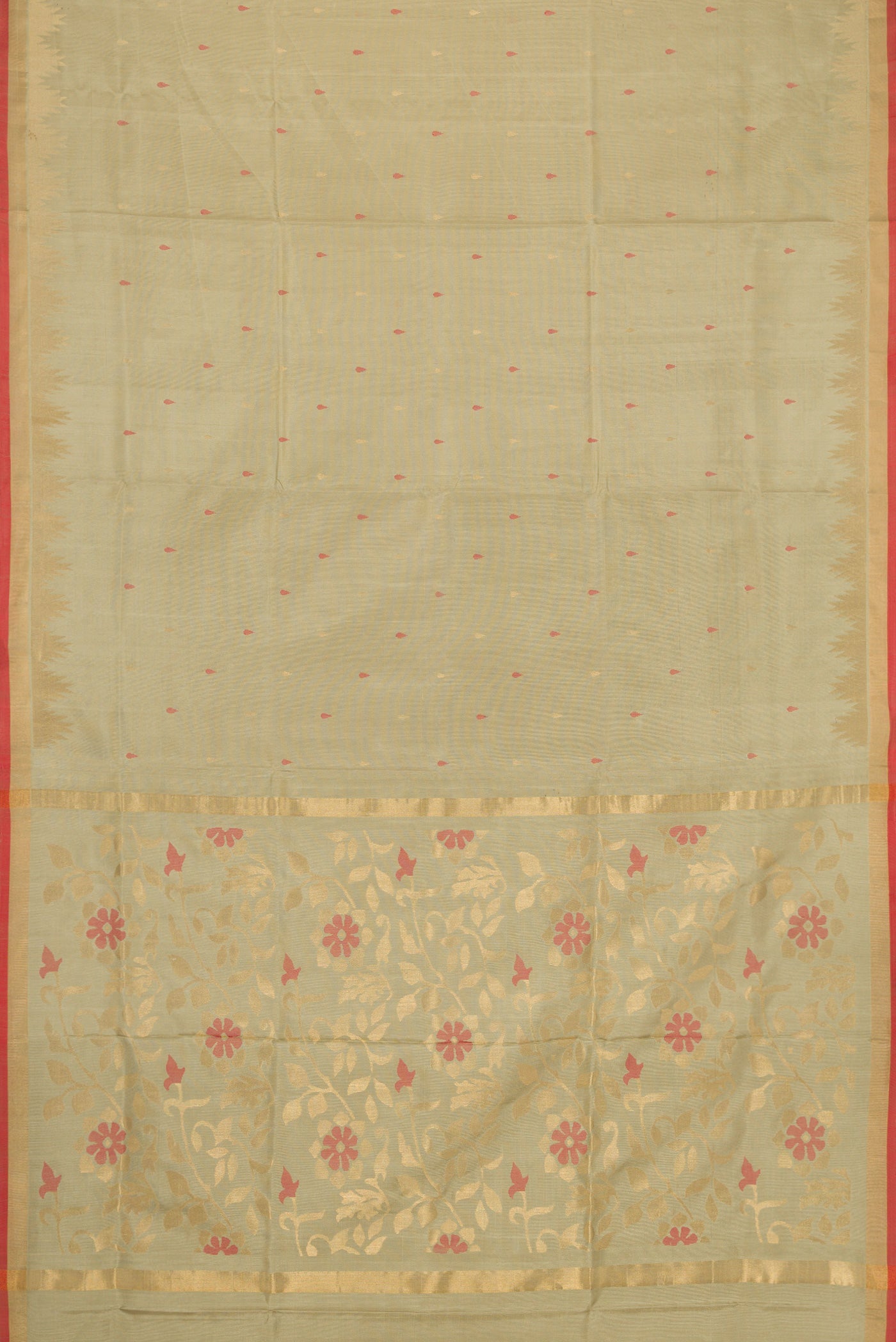Flat view of Beige Dual Tone Uppada Silk Saree with Zari And Thread Butta on the body and Temple Border. 