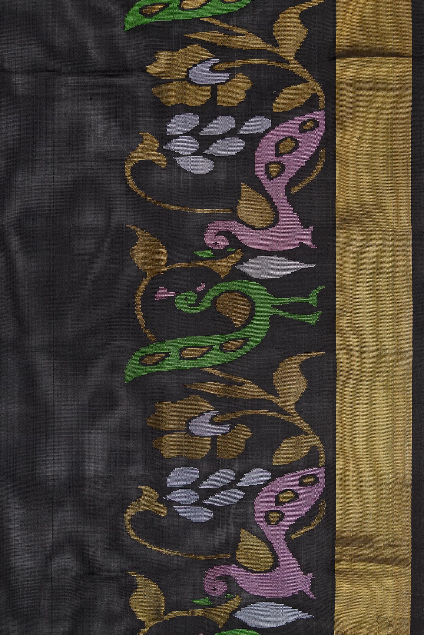 Border image of Black Dual Tone Uppada Silk Saree with Zari And Thread Butta on the body and Zari Border. 