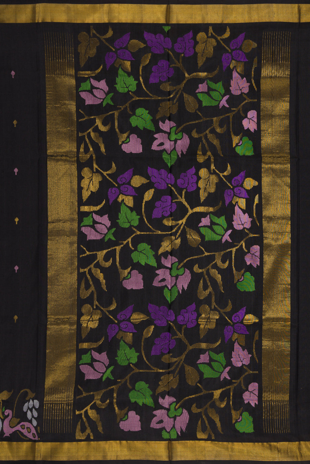 Close up image of the pallu of Black Dual Tone Uppada Silk Saree with Zari And Thread Butta on the body and Zari Border. 