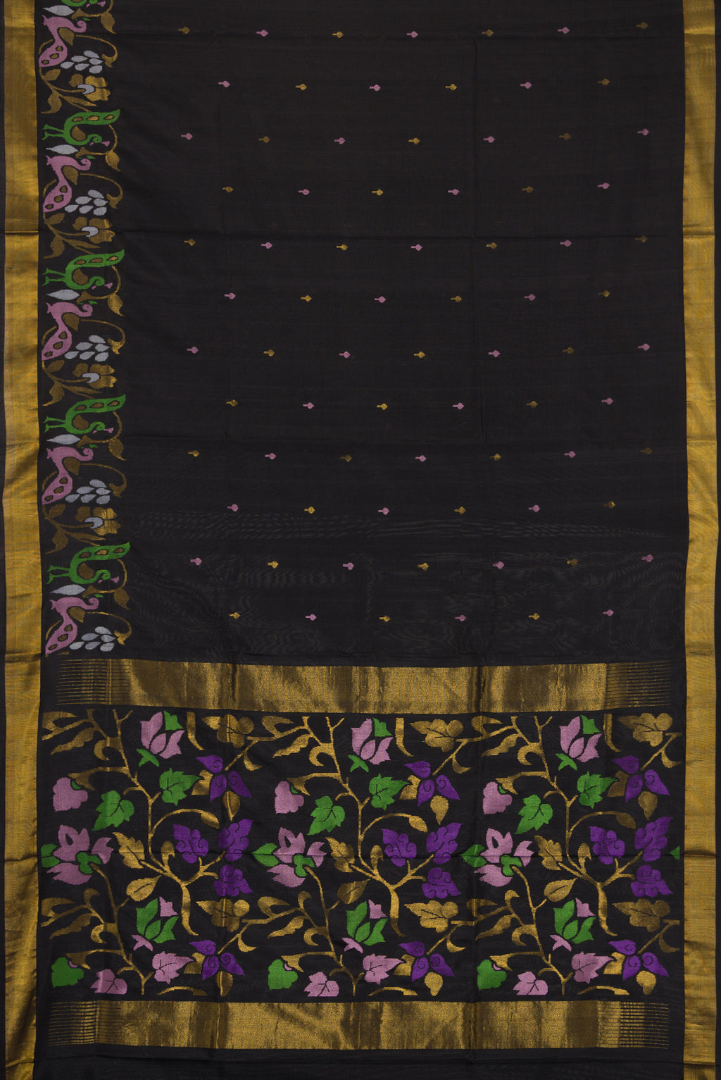 Flat view of Black Dual Tone Uppada Silk Saree with Zari And Thread Butta on the body and Zari Border. 