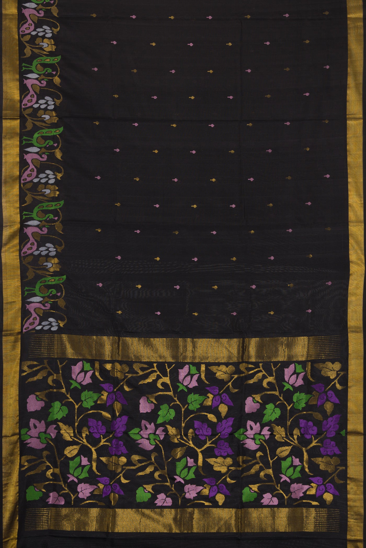 Flat view of Black Dual Tone Uppada Silk Saree with Zari And Thread Butta on the body and Zari Border. 