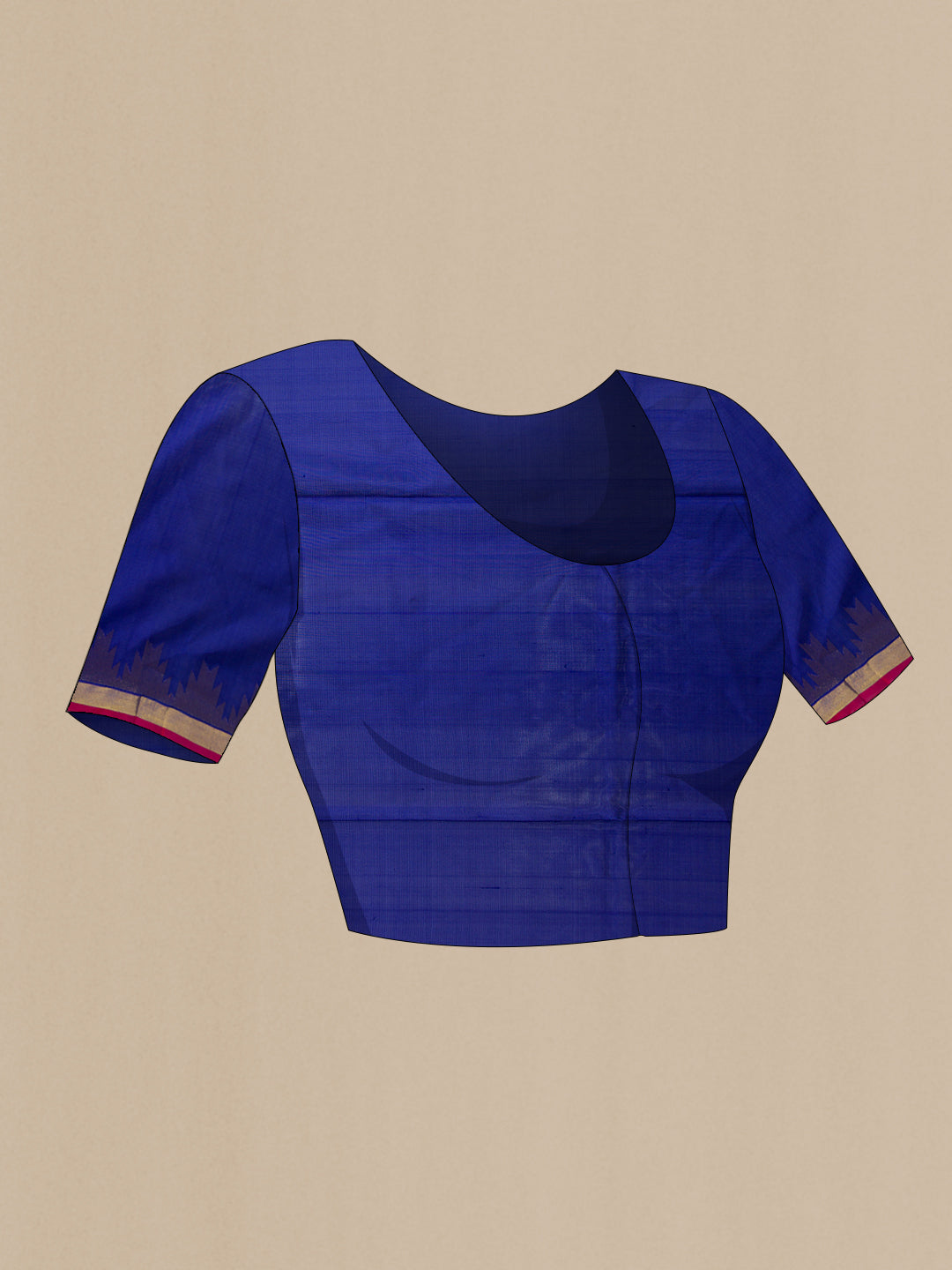 Close up image of the blouse of Navy Blue Dual Tone Uppada Silk Saree with Zari Butta on the body and Temple Border. 