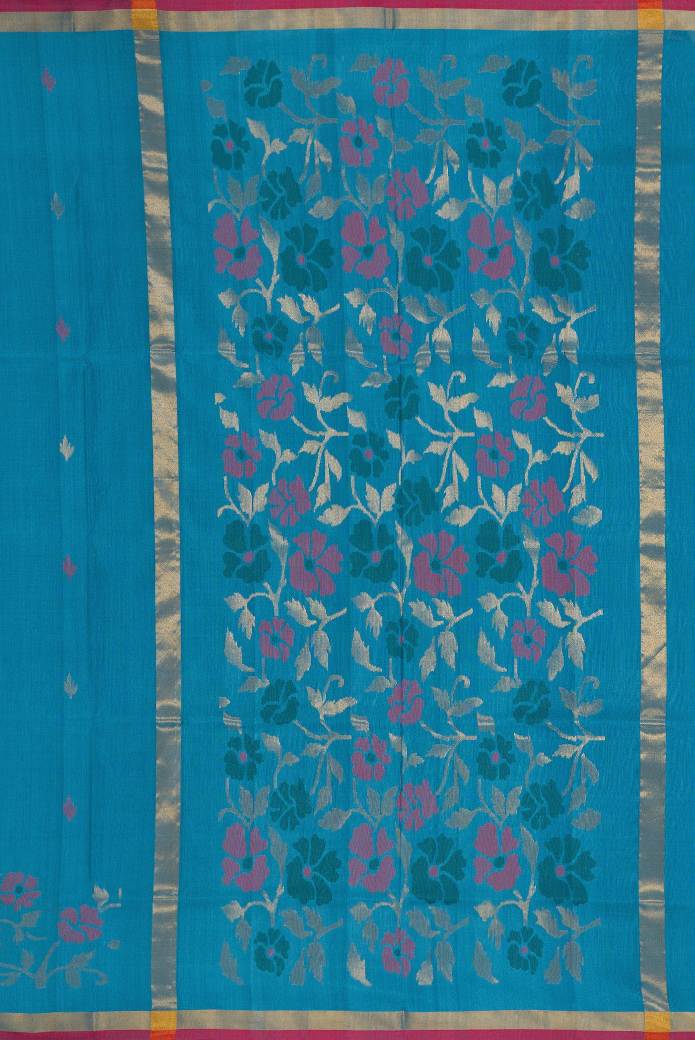 Close up image of the pallu of Sky Blue Dual Tone Uppada Silk Saree with Zari And Thread Butta on the body and Fancy Border. 