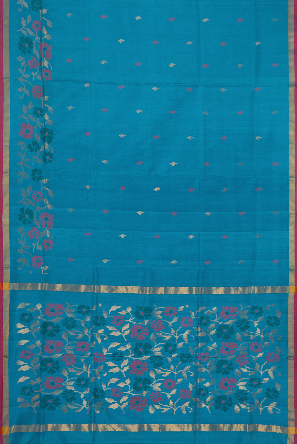 Flat view of Sky Blue Dual Tone Uppada Silk Saree with Zari And Thread Butta on the body and Fancy Border. 