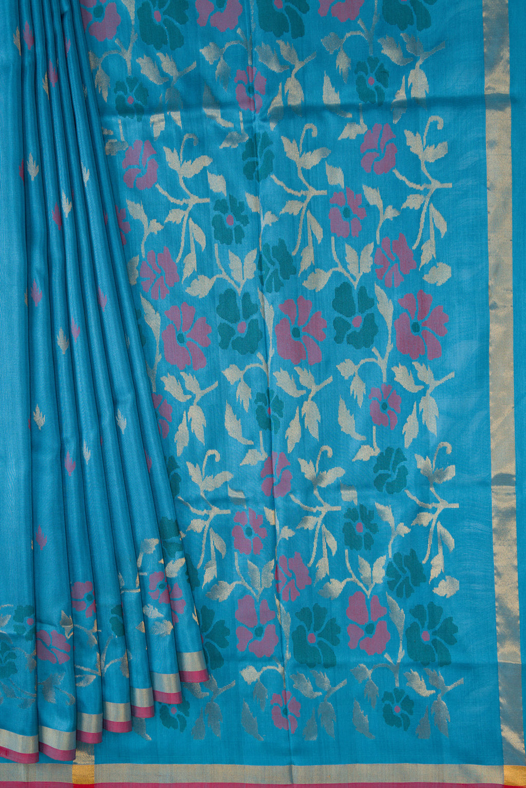 Pleats and pallu of Sky Blue Dual Tone Uppada Silk Saree with Zari And Thread Butta on the body and Fancy Border. 