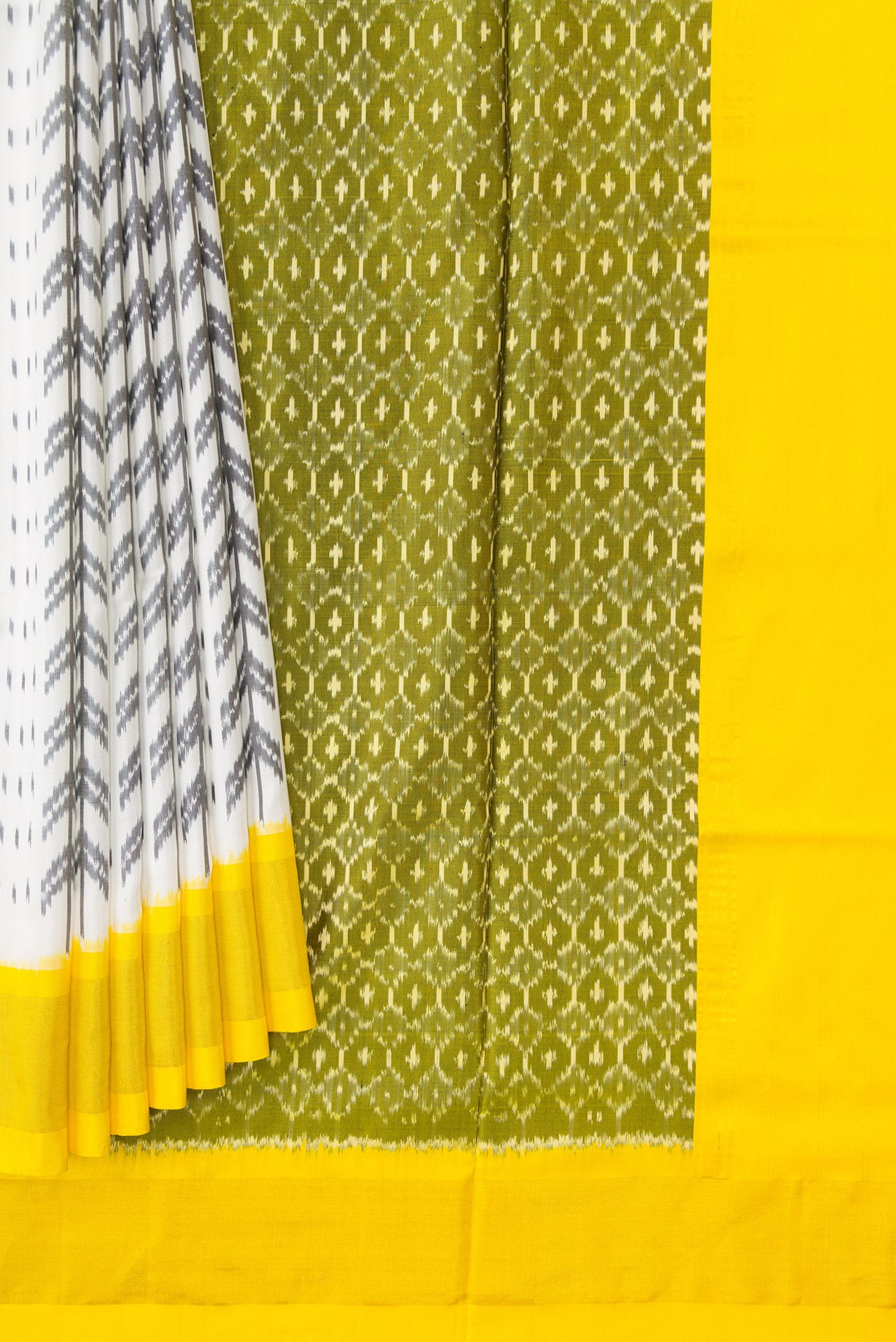Pleats and pallu of Off White Dual Tone Double Ikat Saree with Ikat Print on the body and Zari Border. 