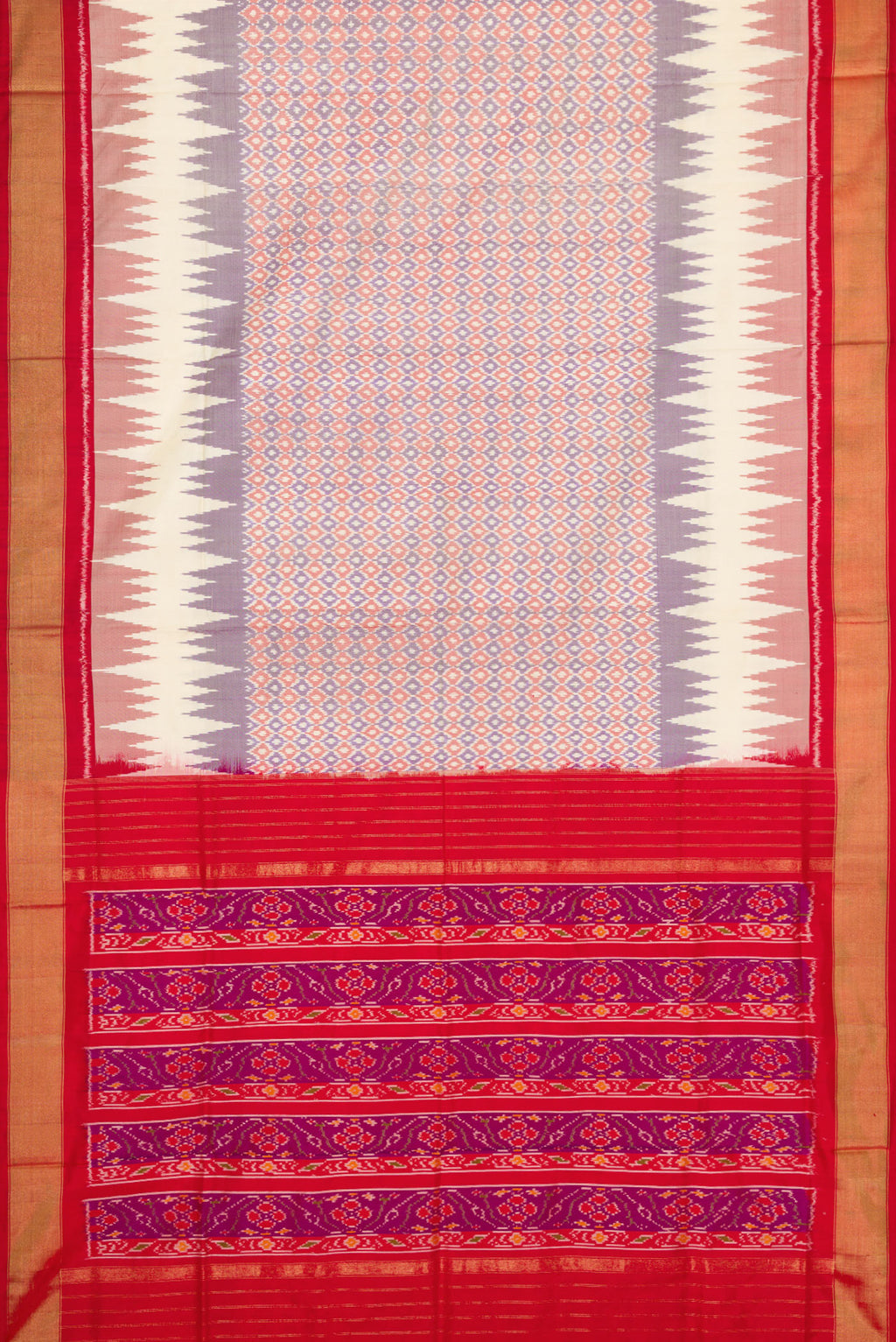Flat view of Lilac Dual Tone Double Ikat Saree with Ikat Print on the body and Zari Border. 