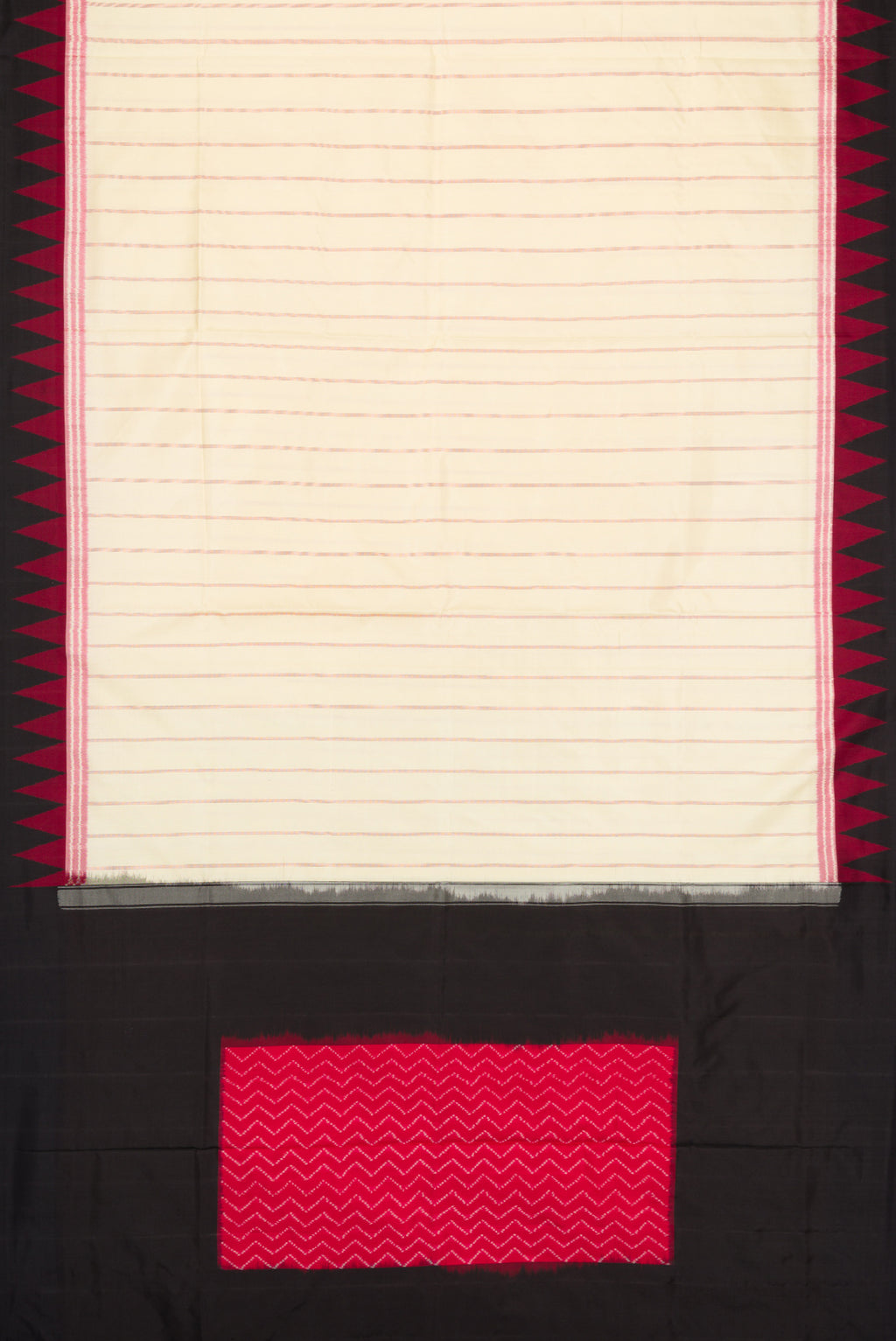 Flat view of Sandal Dual Tone Double Ikat Saree with Stripes on the body and Ikat Border. 